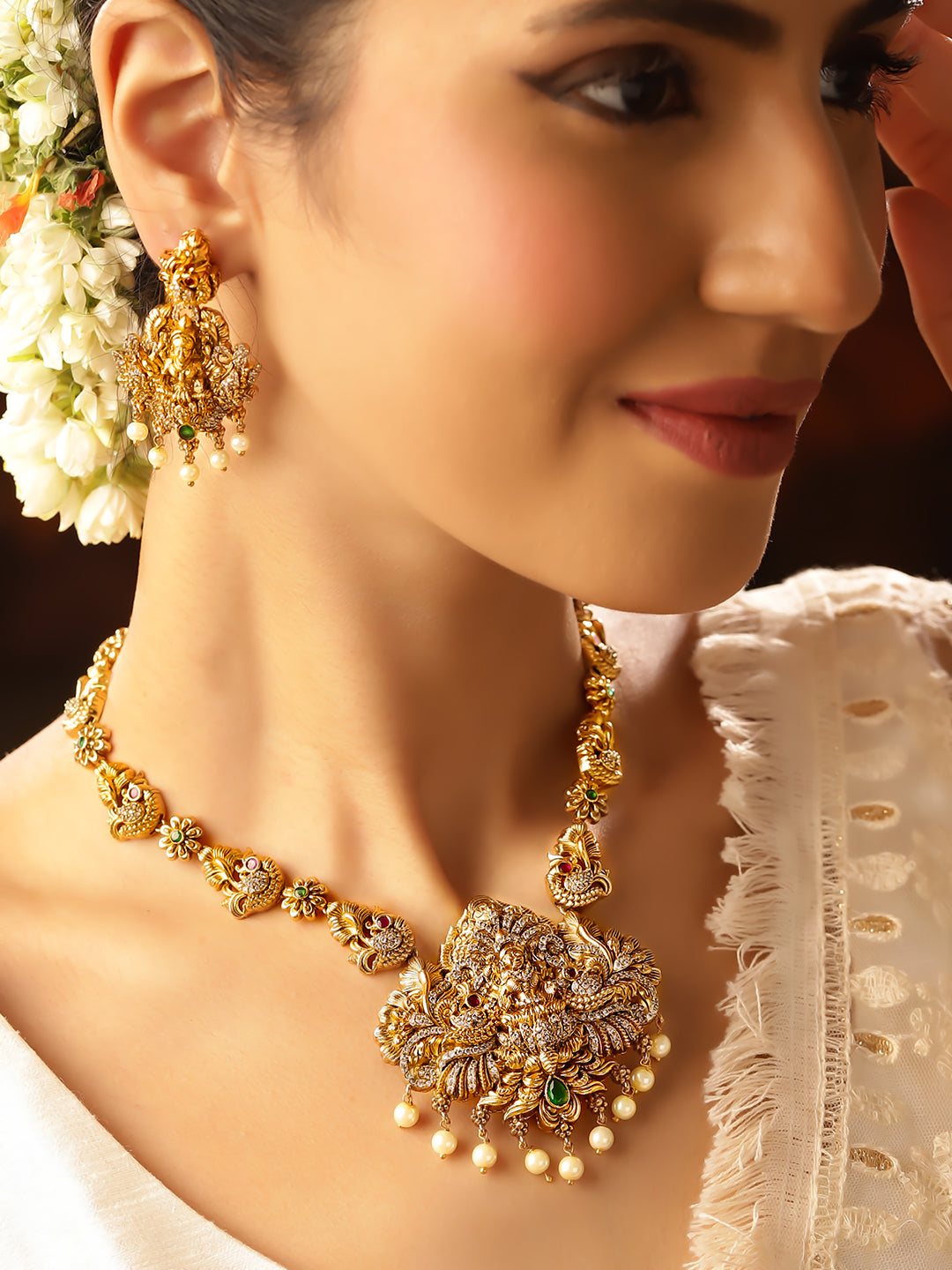 Ishin AD Elegance Green Beads Gold Plated Necklace and Drop Earrings Jewellery Set