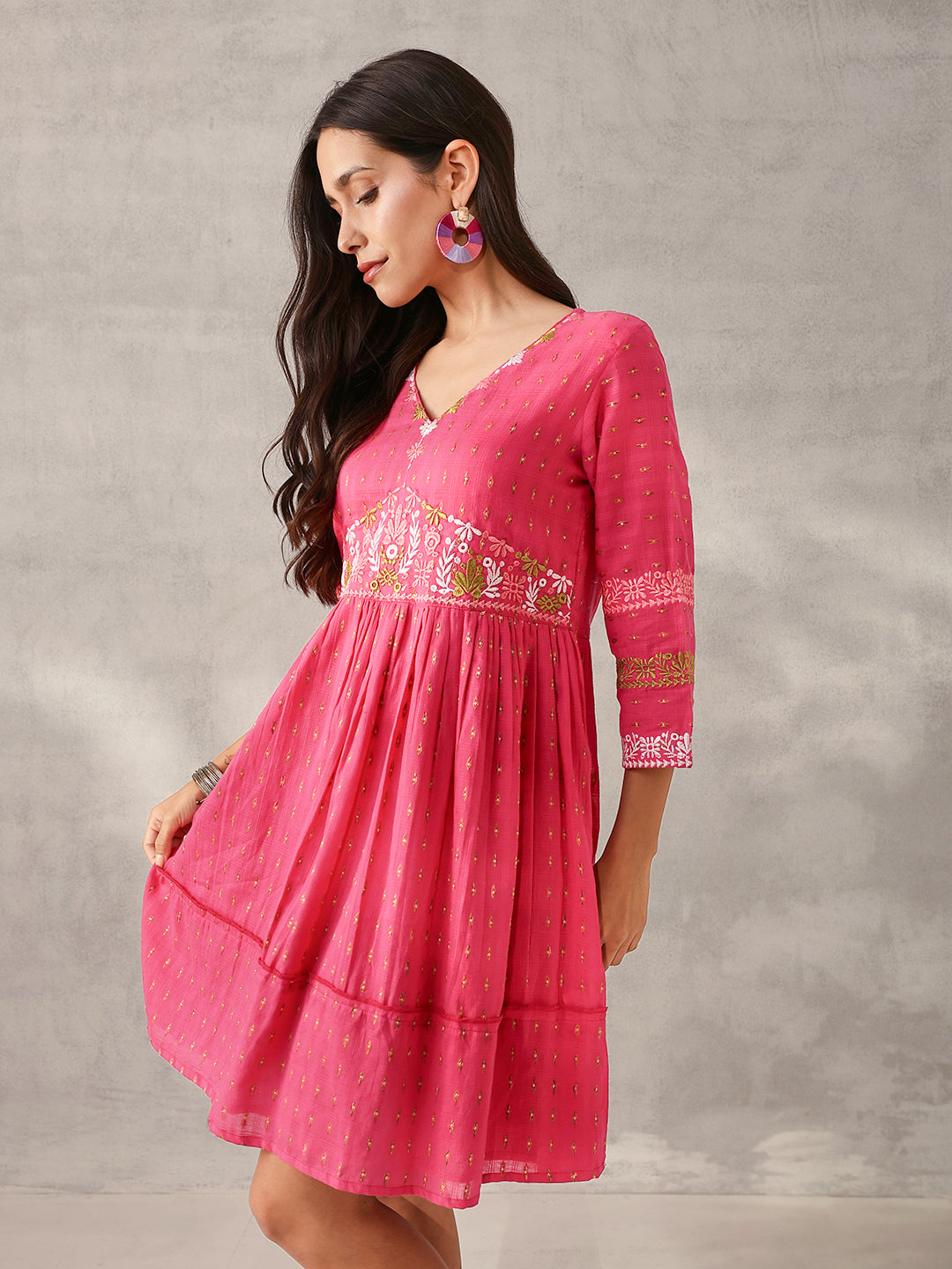 Comfy pink Cotton Dobby Embroidered Regular Fit Dress