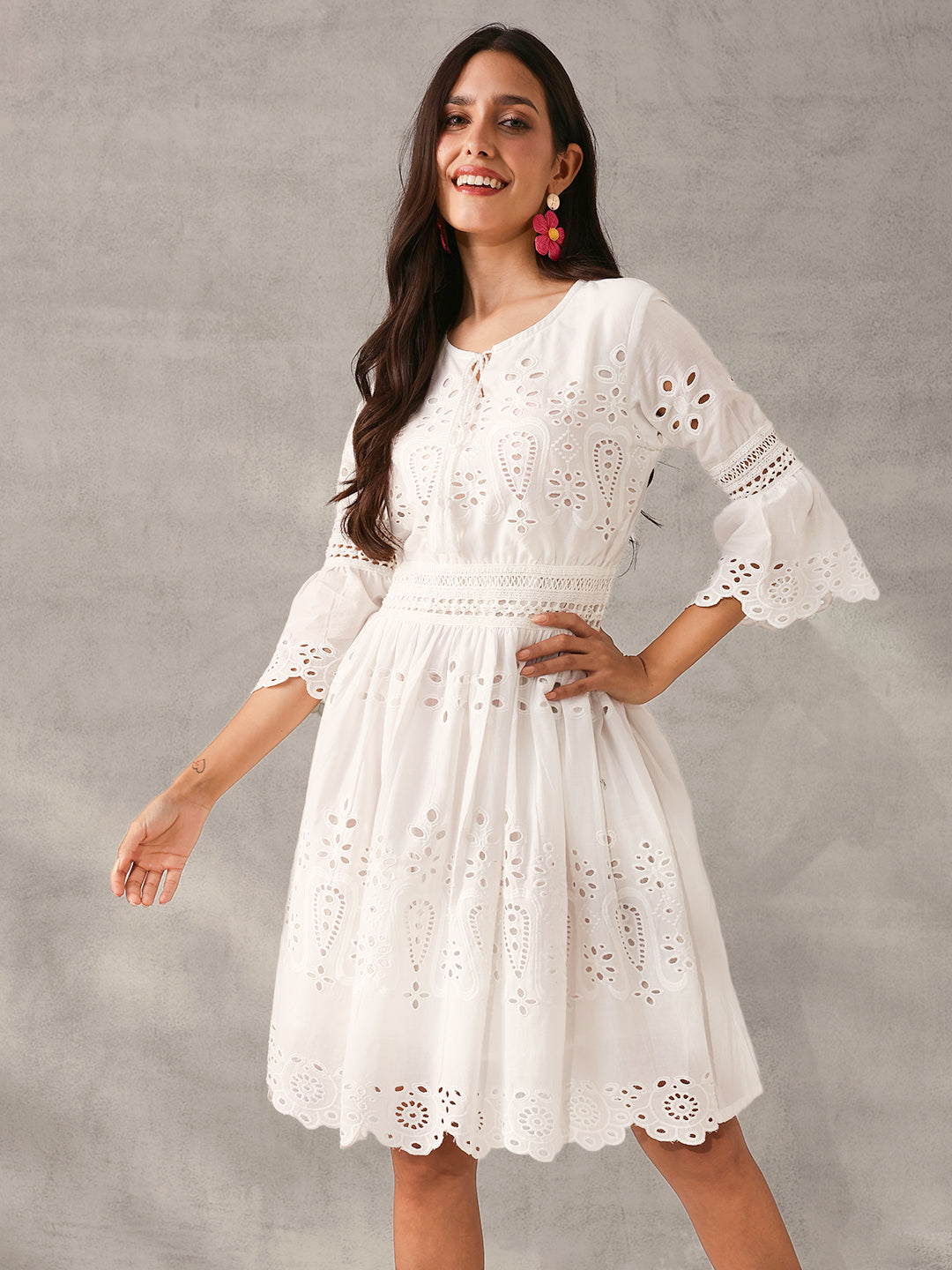 Comfy White Cotton Schiffli Regular Fit Dress