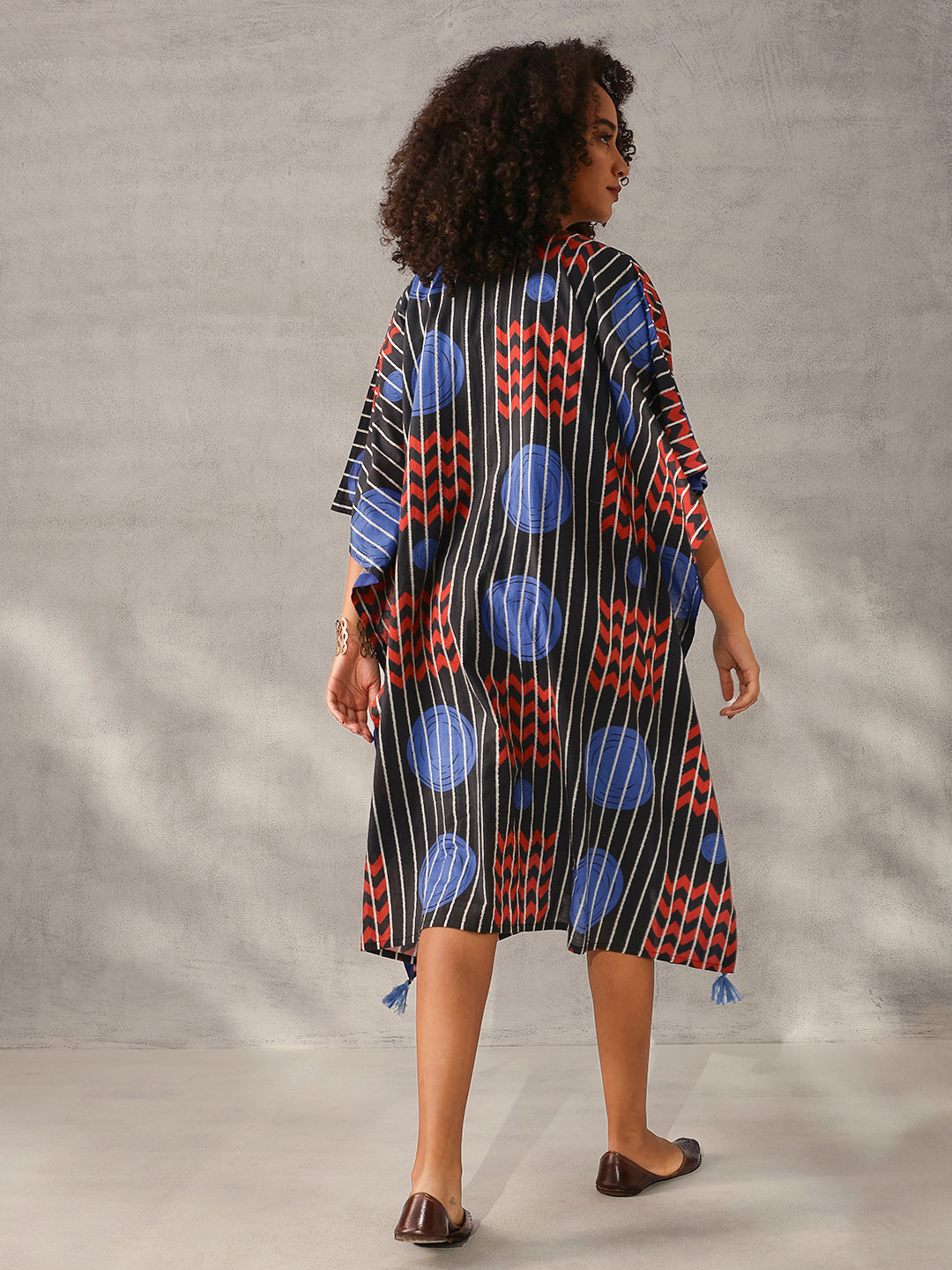 Comfy Black Cotton Printed Kaftan with tassels