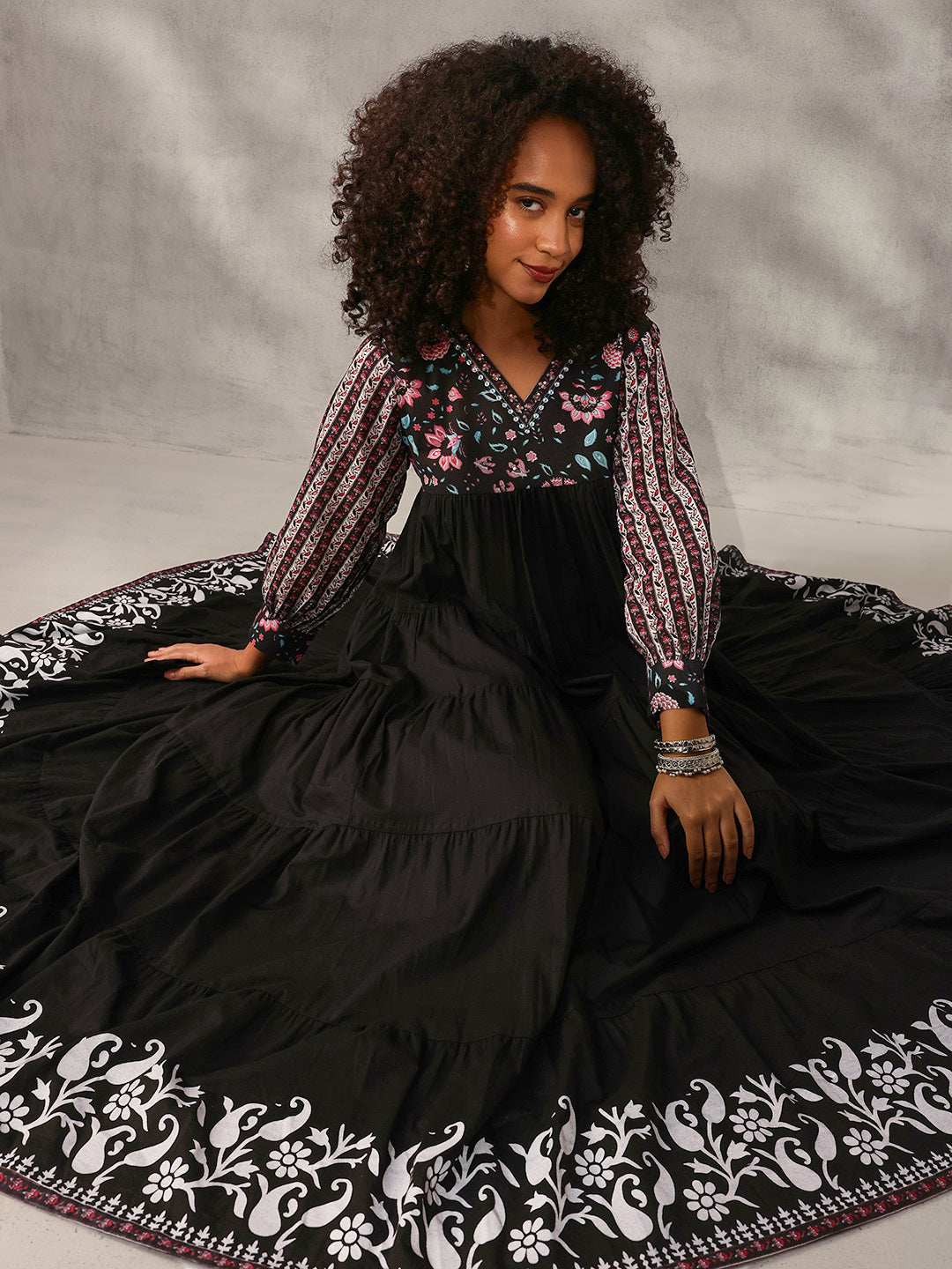 Graceful Black Cotton Floral Printed Tiered fit Gown 