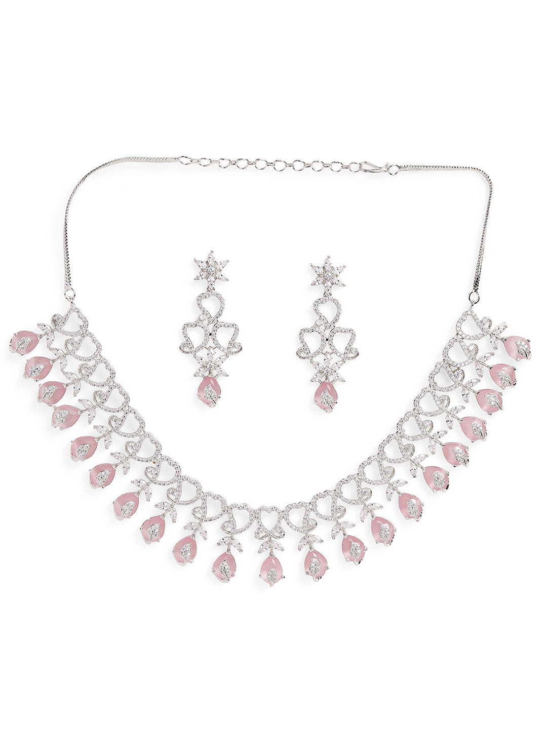 Ishin Pink Colour Silver Plated American Diamond Jewellery Set