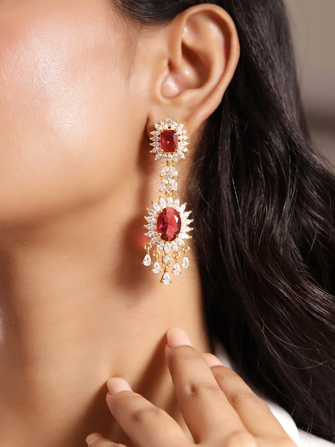 Ishin Red Colour Gold Plated American Diamond Jewellery Set