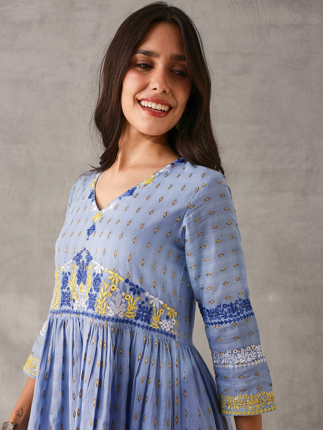 Comfy blue Cotton Dobby Embroidered Regular Fit Dress