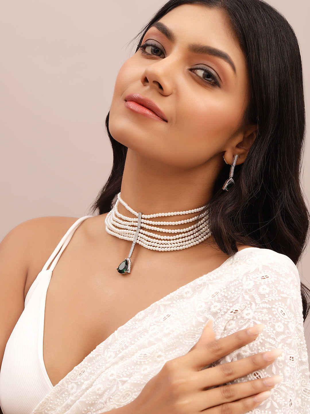 Ishin Green Colour Silver Plated American Diamond Jewellery Set