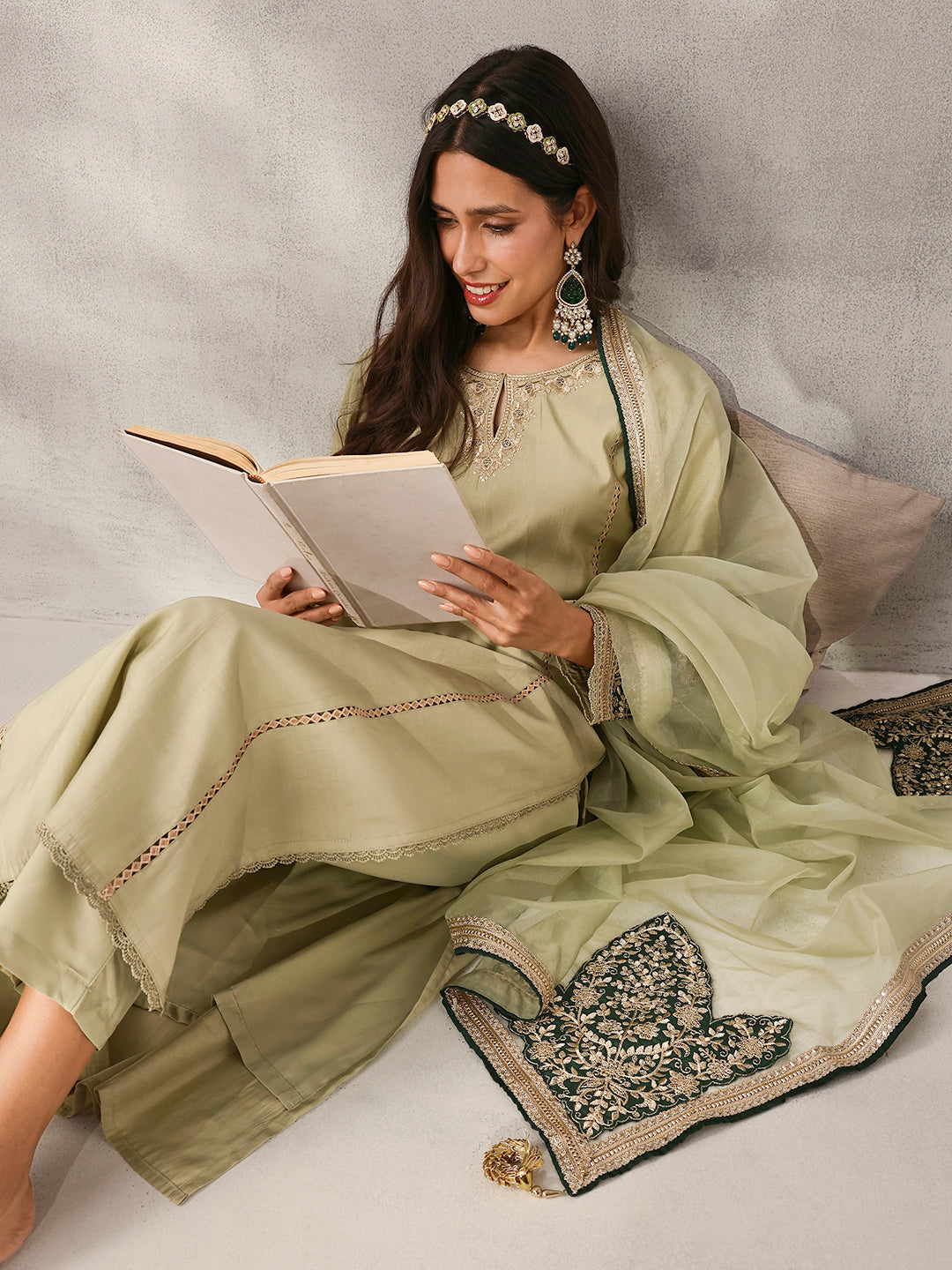 Rich Mint Green Roman Silk Zari Embroidered Straight Fit Kurta Set with Dupatta