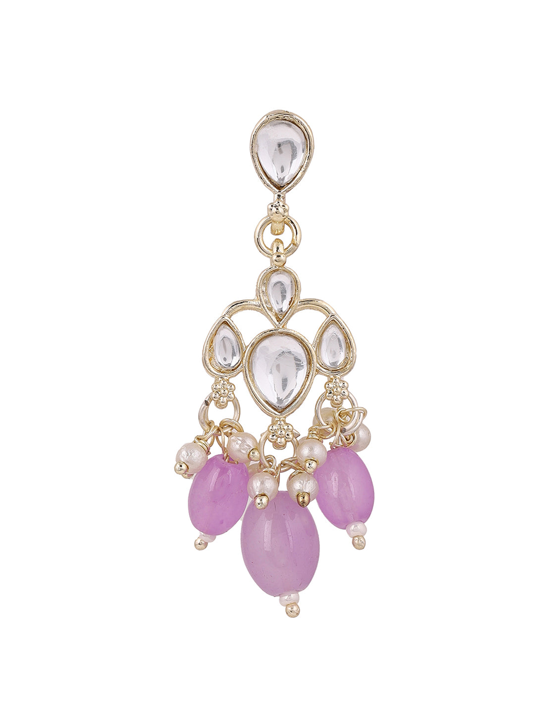 Ishin Lavender Beads Kundan Drop Push Back Gold Plated Earrings