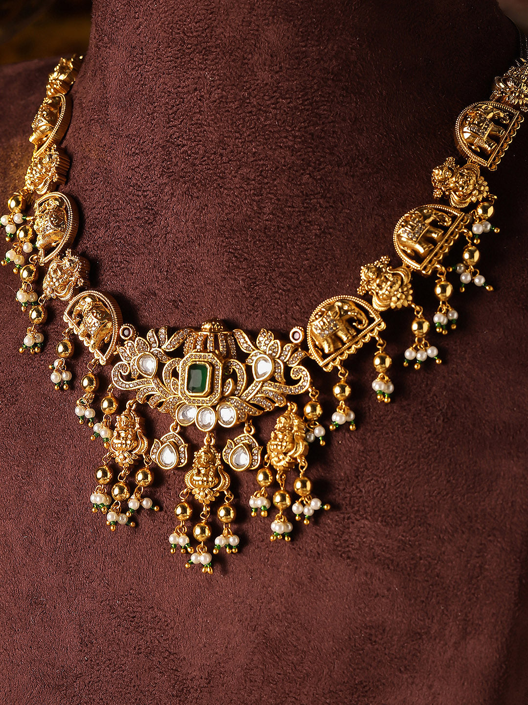 Ishin Goddess And Twin Elephant Elegance Gold Plated AD Necklace and Drop Earrings Jewellery Set