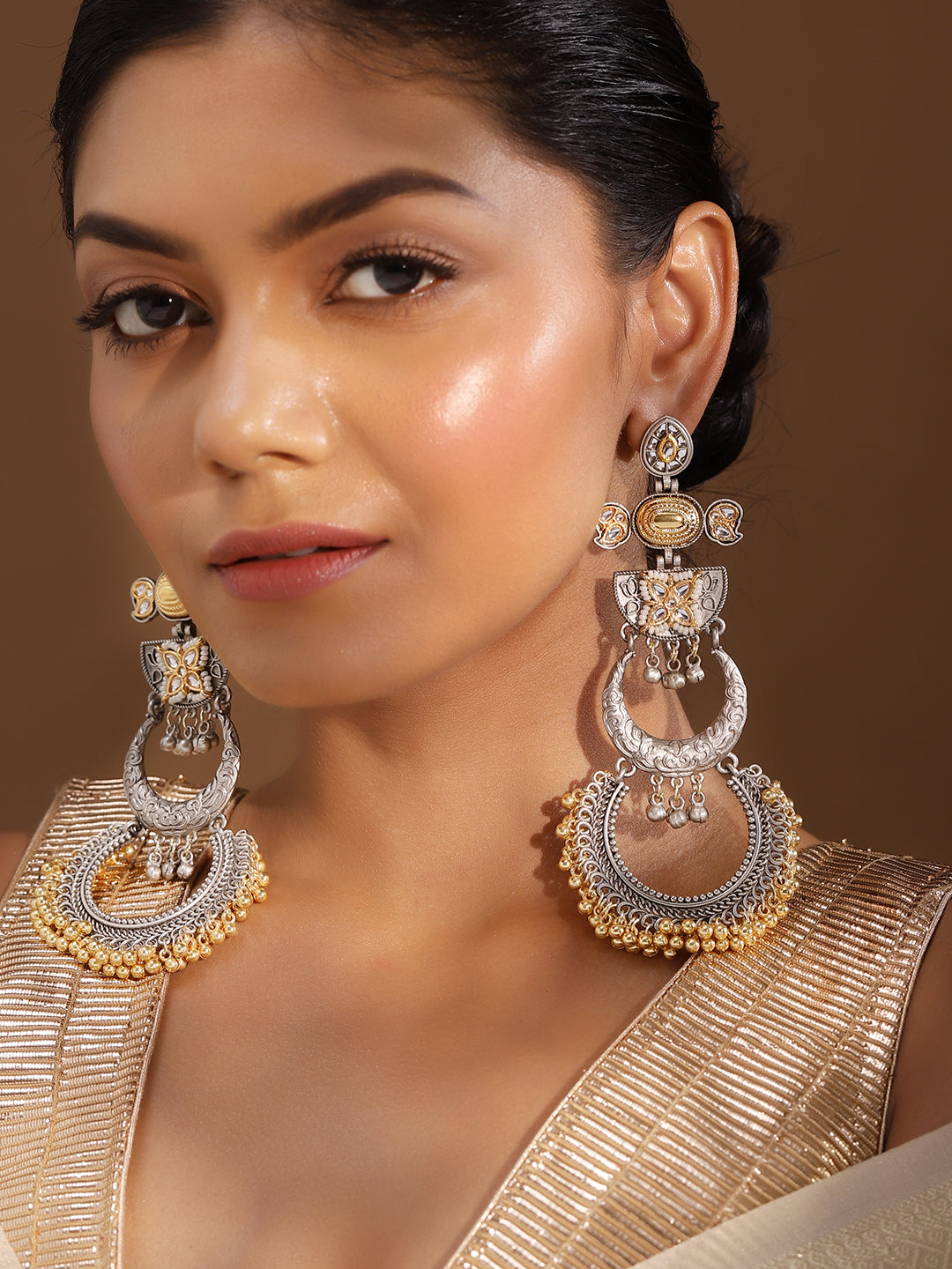 Ishin Multi Colour Silver Plated Chandbali Earring