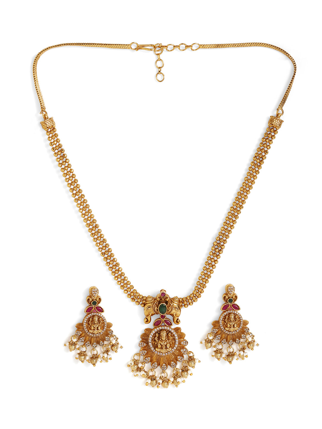 Ishin Floral Type AD Pattern Gold Plated Necklace Drop Earrings Jewellery Set