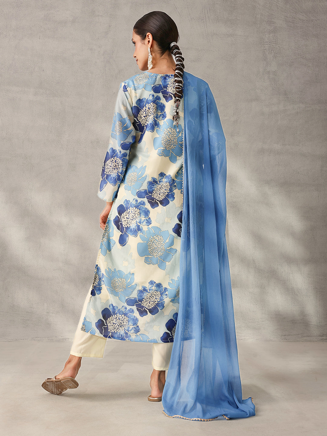 Soft off white Chinon Floral Printed straight fit Kurta Set with Dupatta