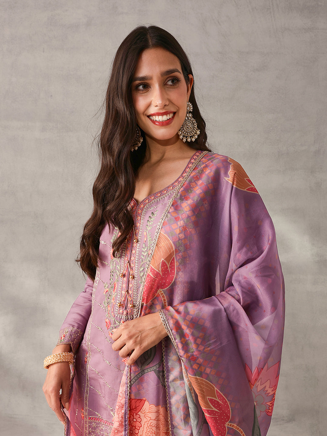 Soft Lilac Roman Silk Embroidered Straight Fit Kurta Set with Dupatta
