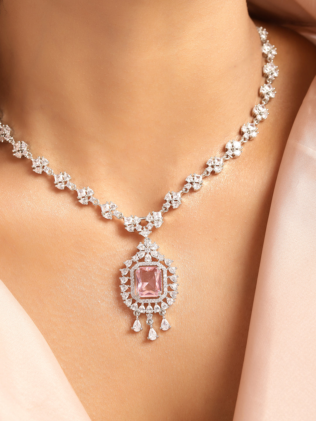 Ishin Pink Colour Silver Plated American Diamond Jewellery Set