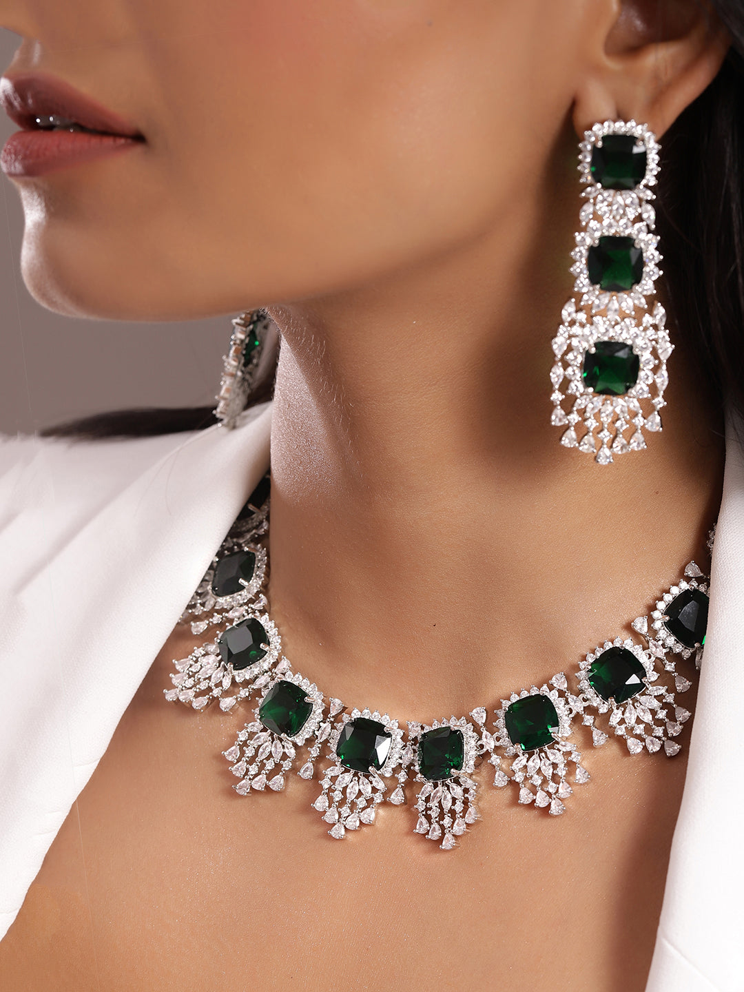 Ishin Green Colour Silver Plated American Diamond Jewellery Set