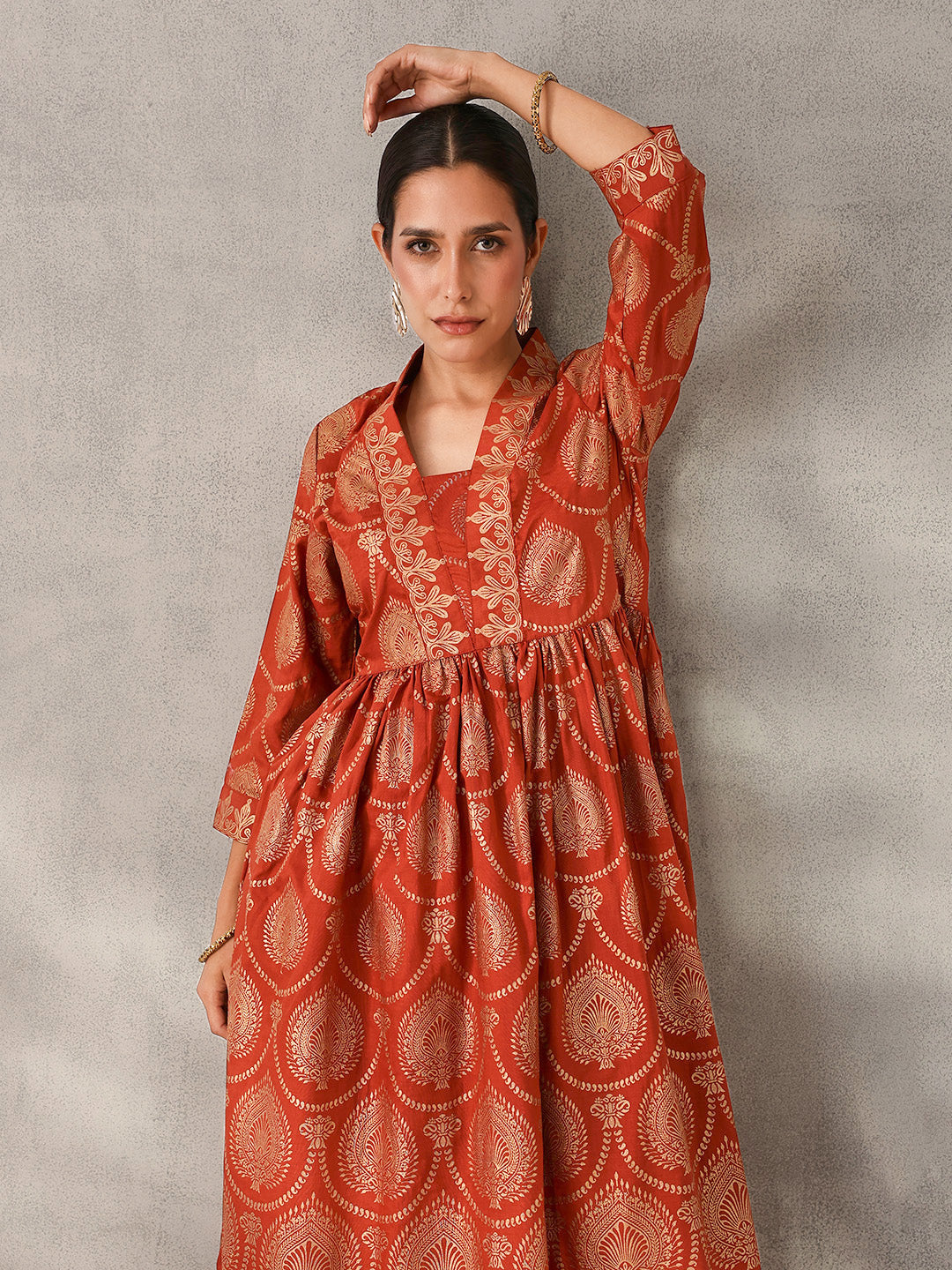 Rich Rust Chinon Foil Printed Fit & Flare Kurta