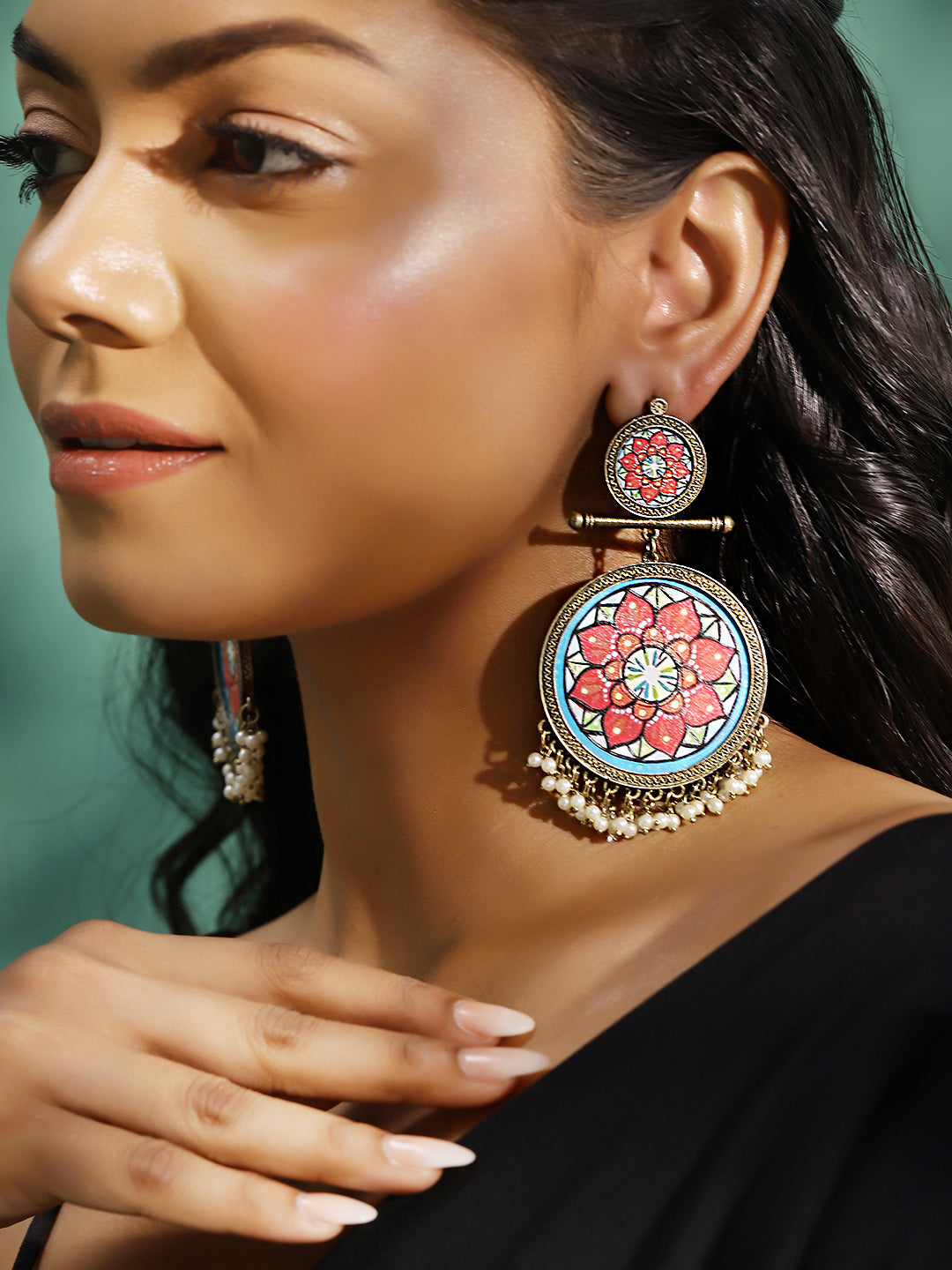 Ishin Multi Colour Gold Plated Pearl Chandbali Earring
