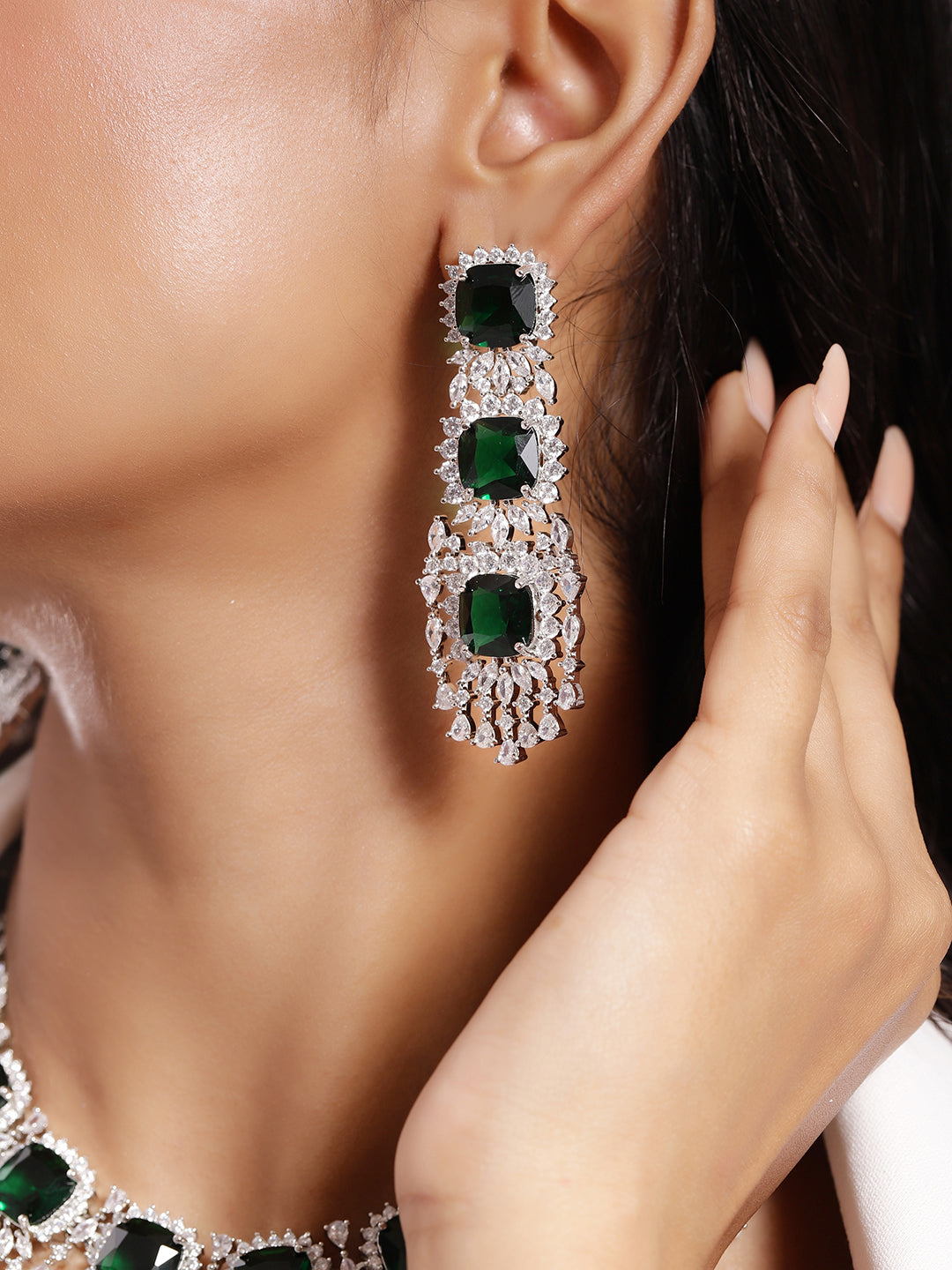 Ishin Green Colour Silver Plated American Diamond Jewellery Set