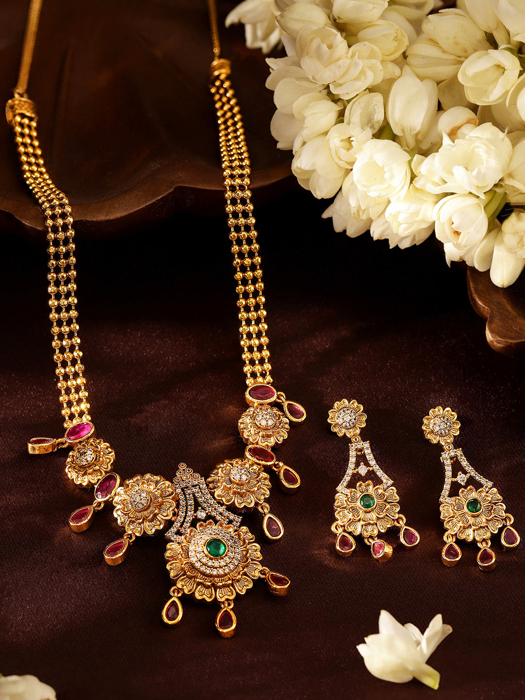 Ishin Goddess Elegance Twin Peacocks Gold Plated Necklace Drop Earrings Jewellery Set