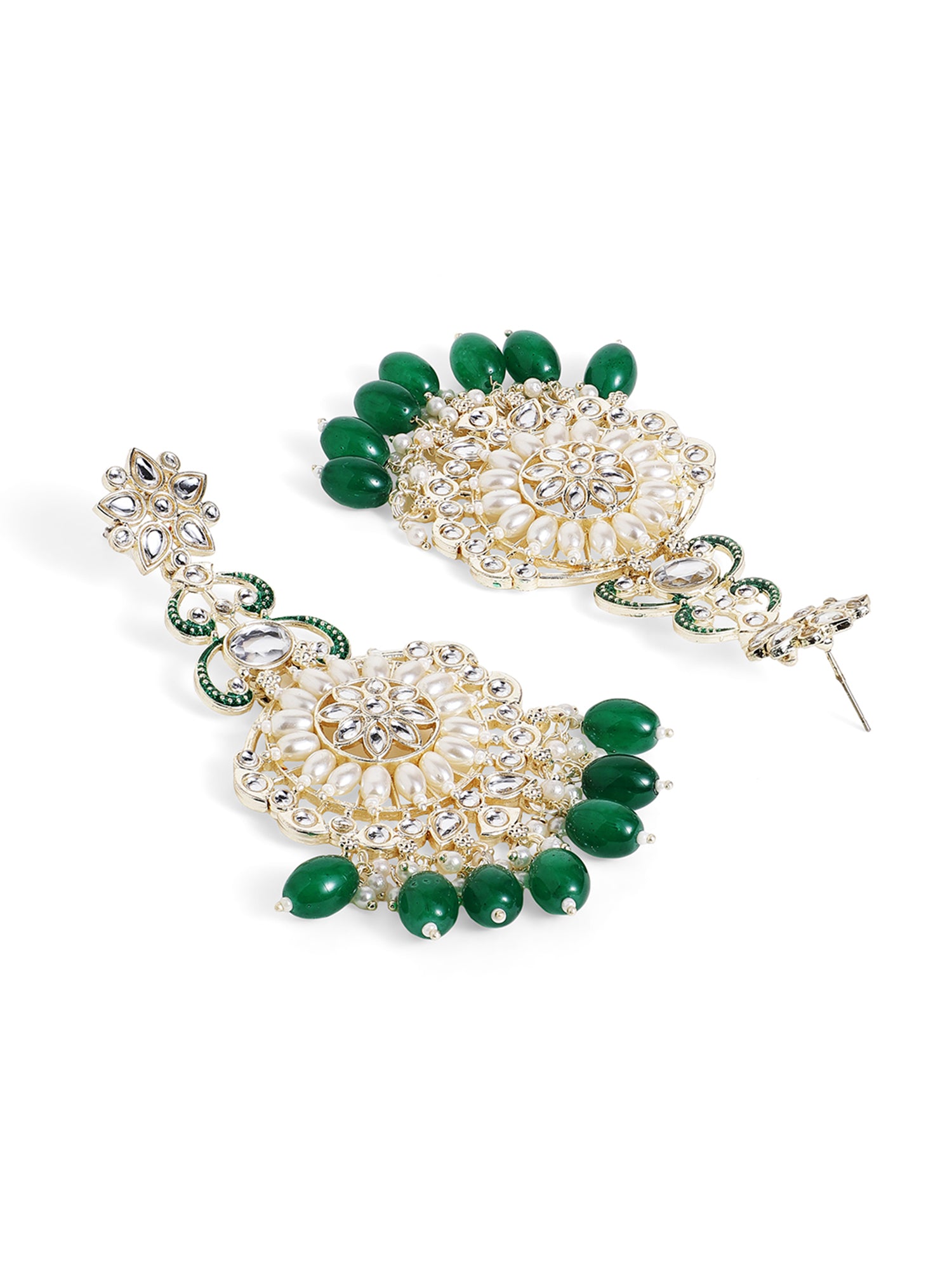 Ishin Kundan Pearl Style Floral Pattern Gold Plated Green Beads Drop Earrings