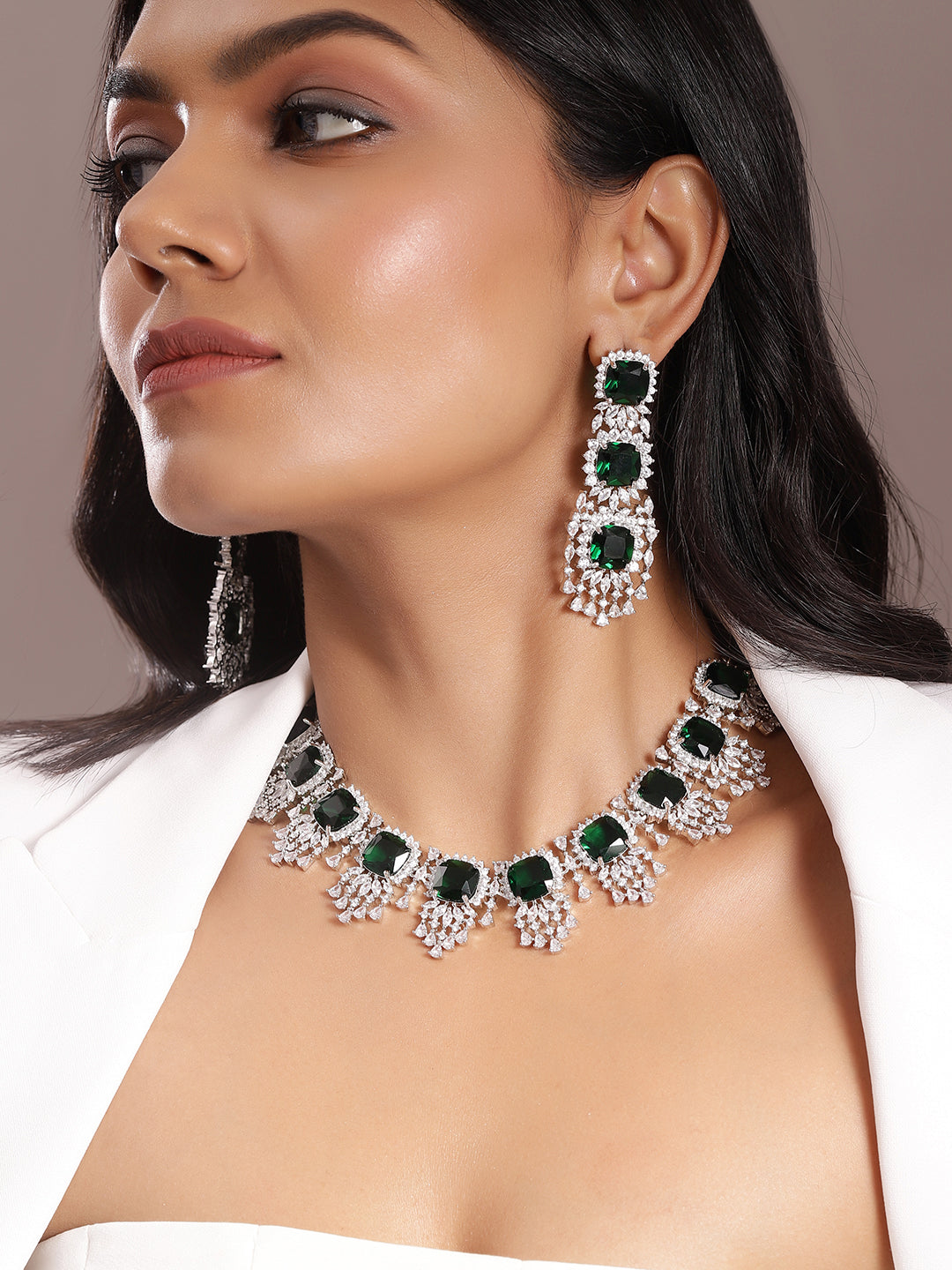Ishin Green Colour Silver Plated American Diamond Jewellery Set