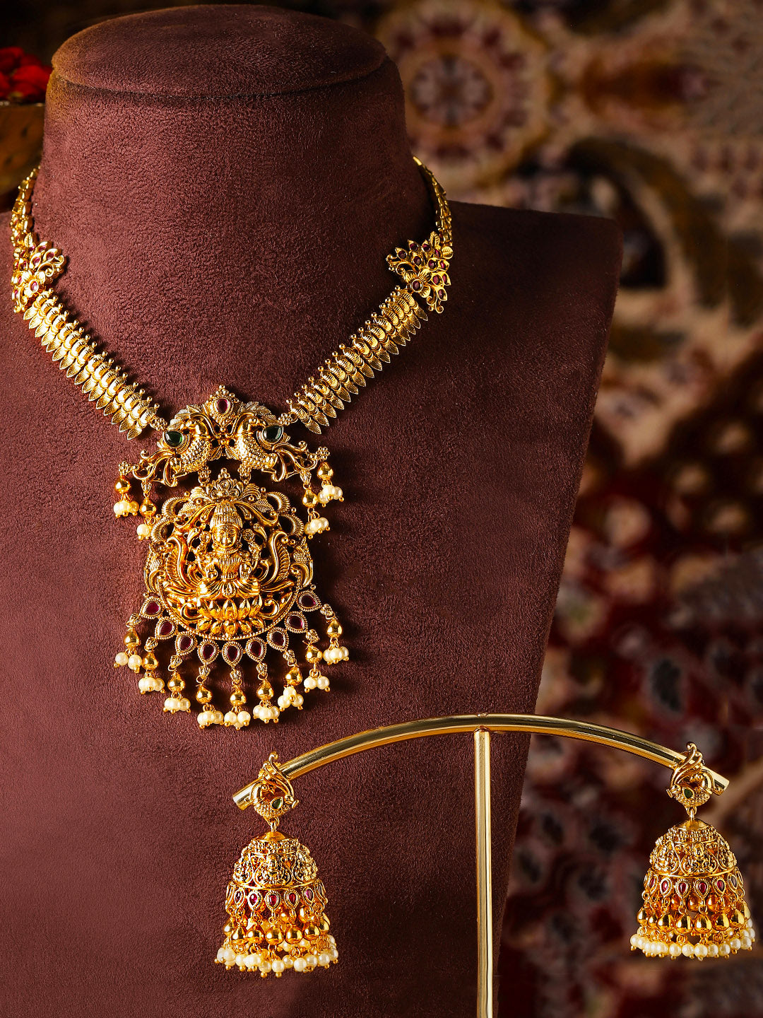 Ishin Twin Peacocks Goddess Gold Plated Necklace Drop Style Earrings Jewellery Set