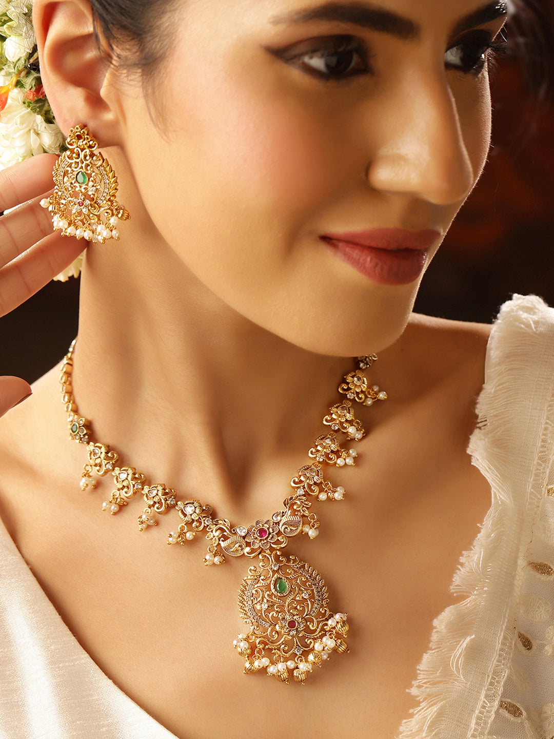 Ishin Goddess Elegance Temple Style Gold Plated Drop Earrings Jewellery Set