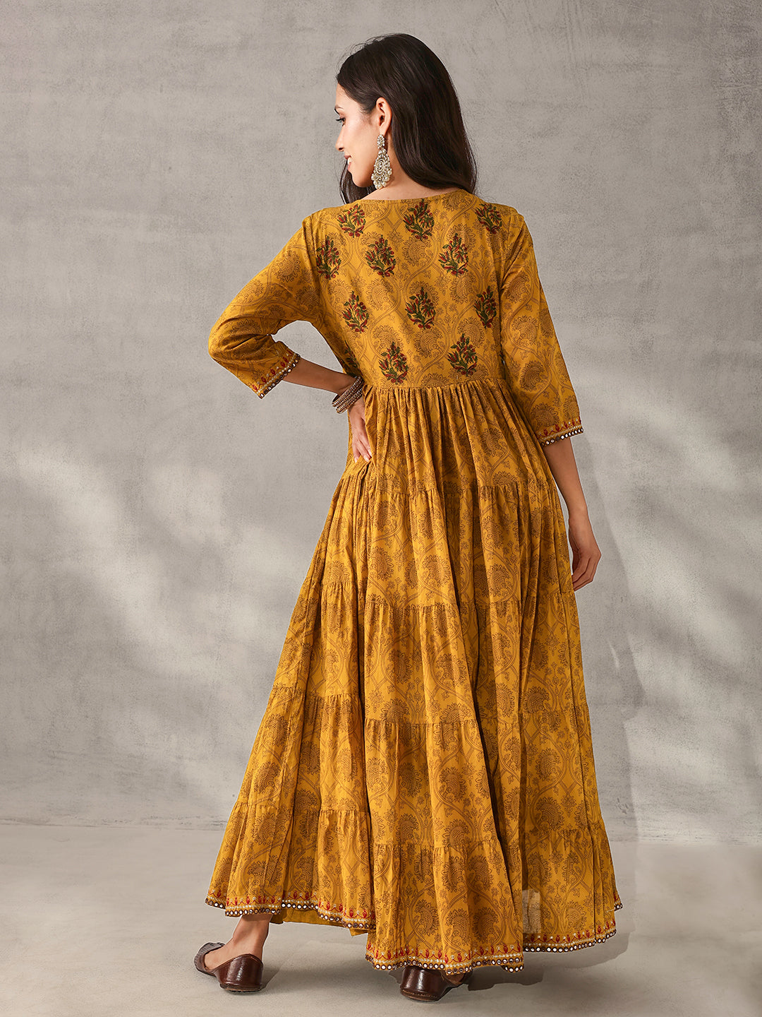 Graceful Mustard Cotton Printed with Embroidered Fit & Flare Gown 