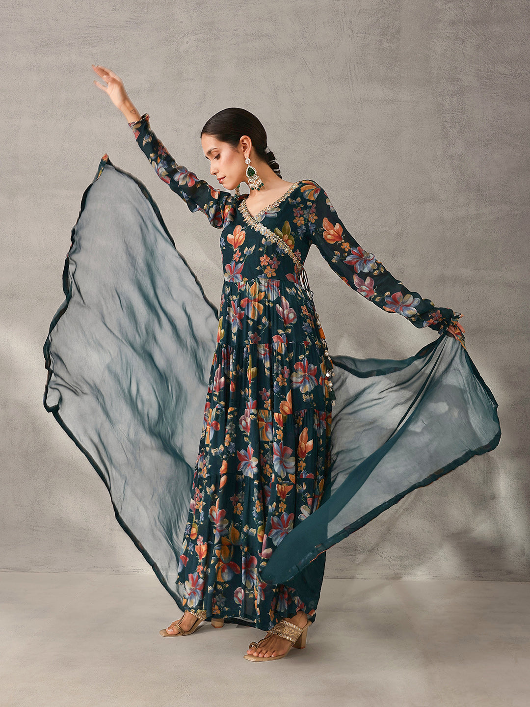 Graceful Blue Chinon Floral Printed Tiered Kurta Set with Dupatta