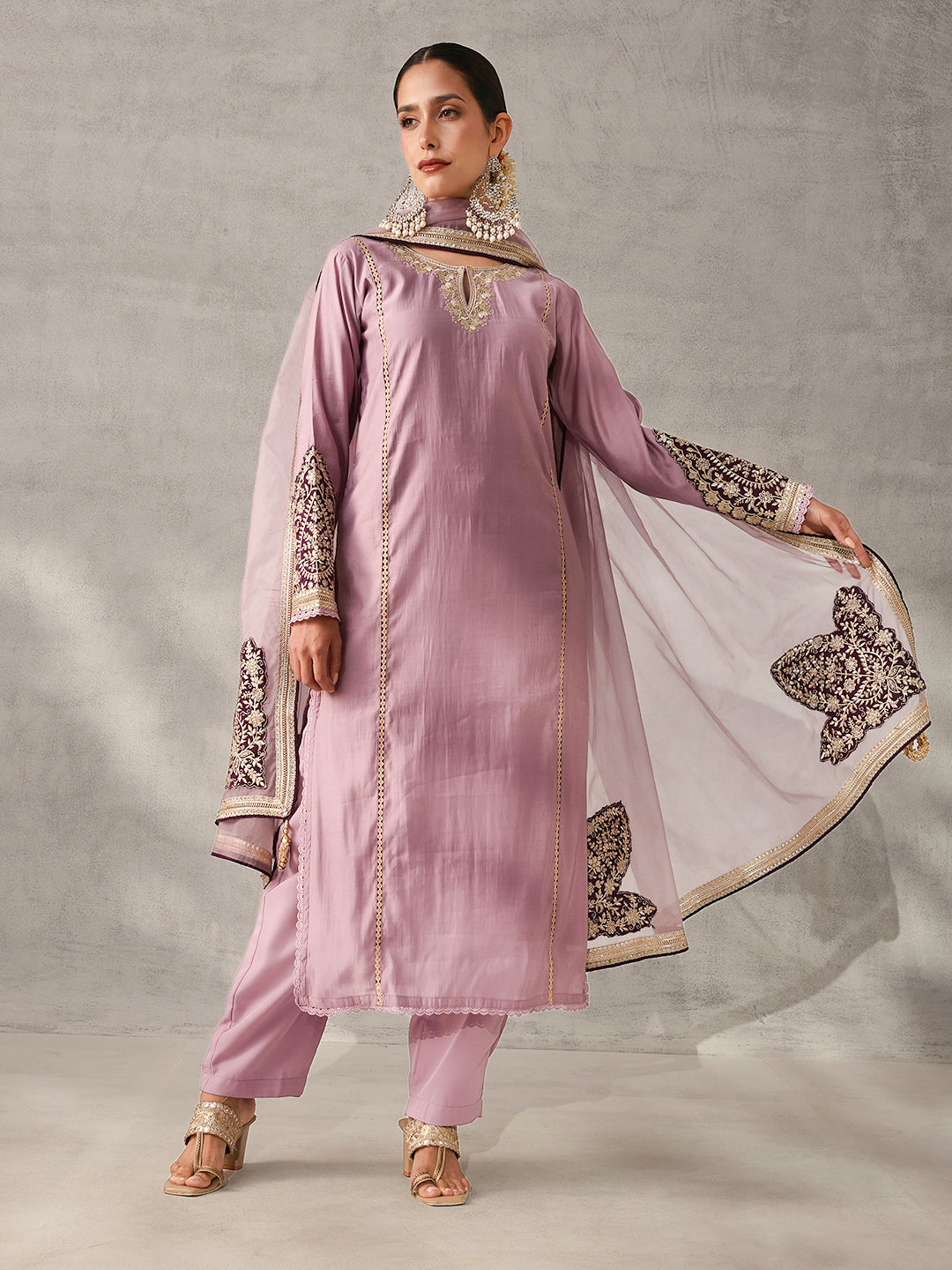 Rich Lilac Roman Silk Zari Embroidered Straight Fit Kurta Set with Dupatta