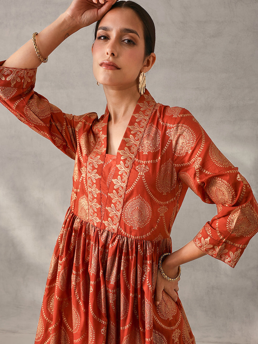 Rich Rust Chinon Foil Printed Fit & Flare Kurta