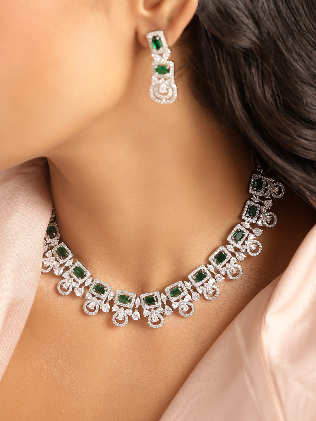Ishin Green Colour Silver Plated American Diamond Jewellery Set