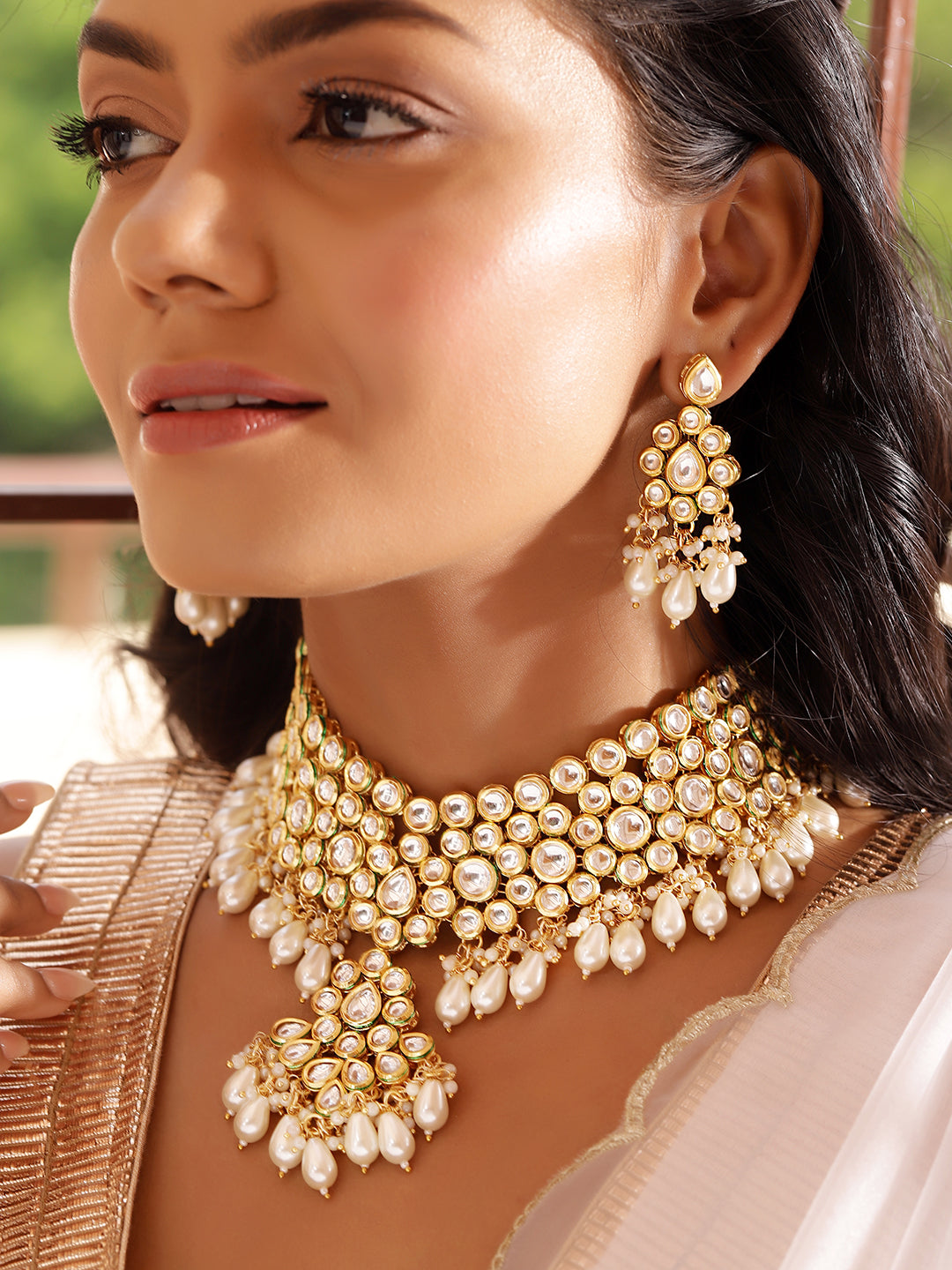 Ishin White Colour Gold plated Kundan Jewellery set
