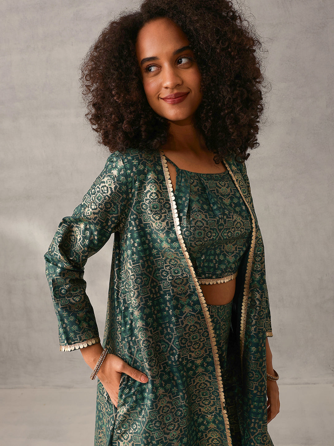 Rich Green Chinon Foil Printed Regular Fit Co-ords with Palazzo Bottom