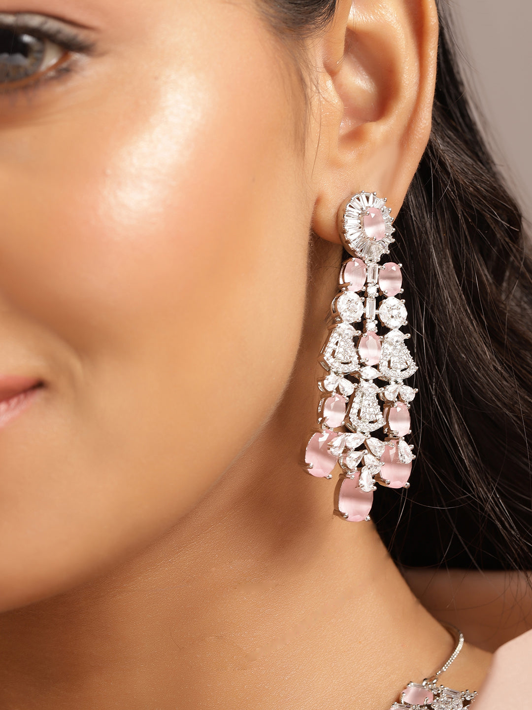 Ishin Pink Colour Silver Plated American Diamond Jewellery Set