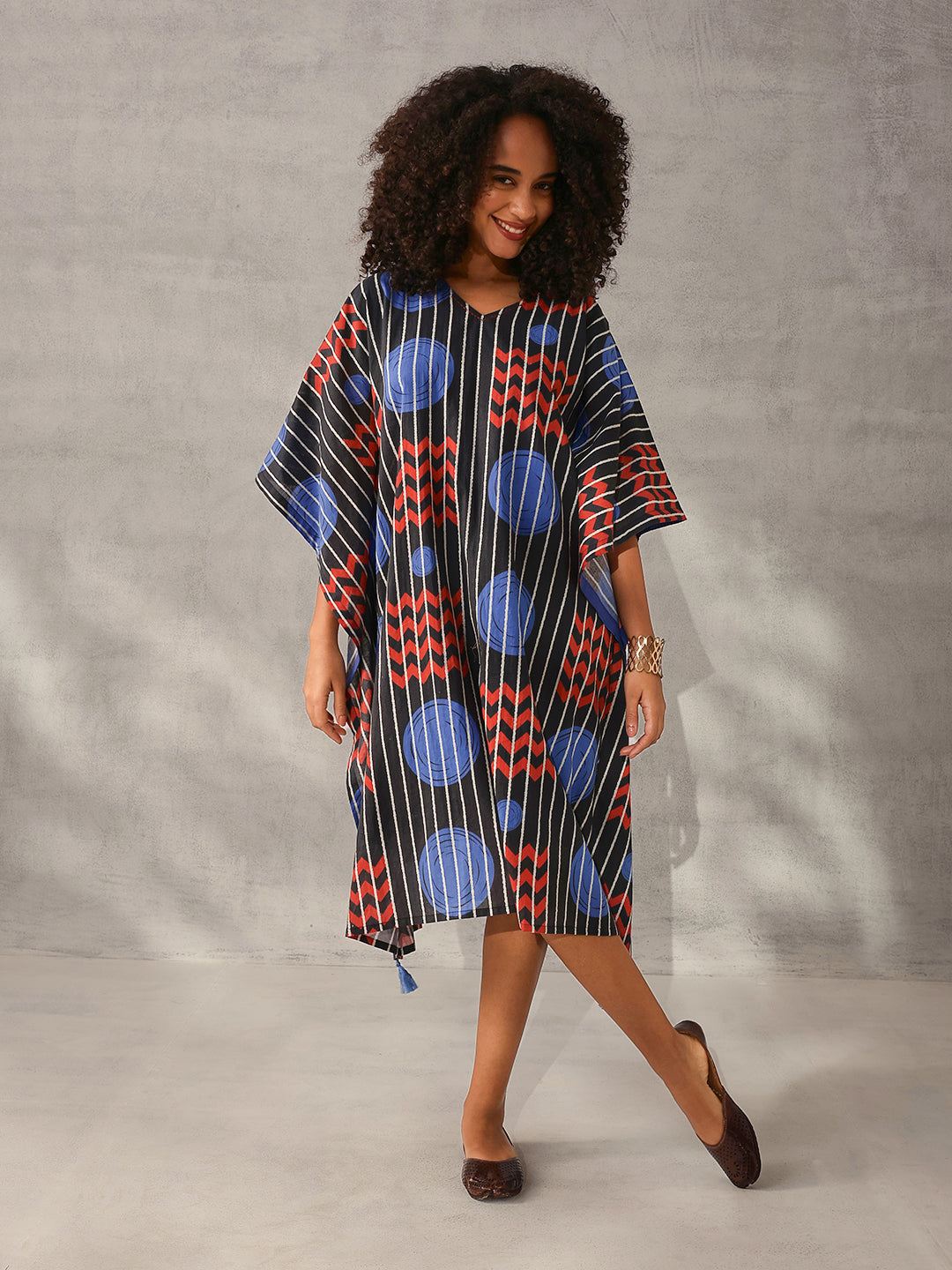 Comfy Black Cotton Printed Kaftan with tassels