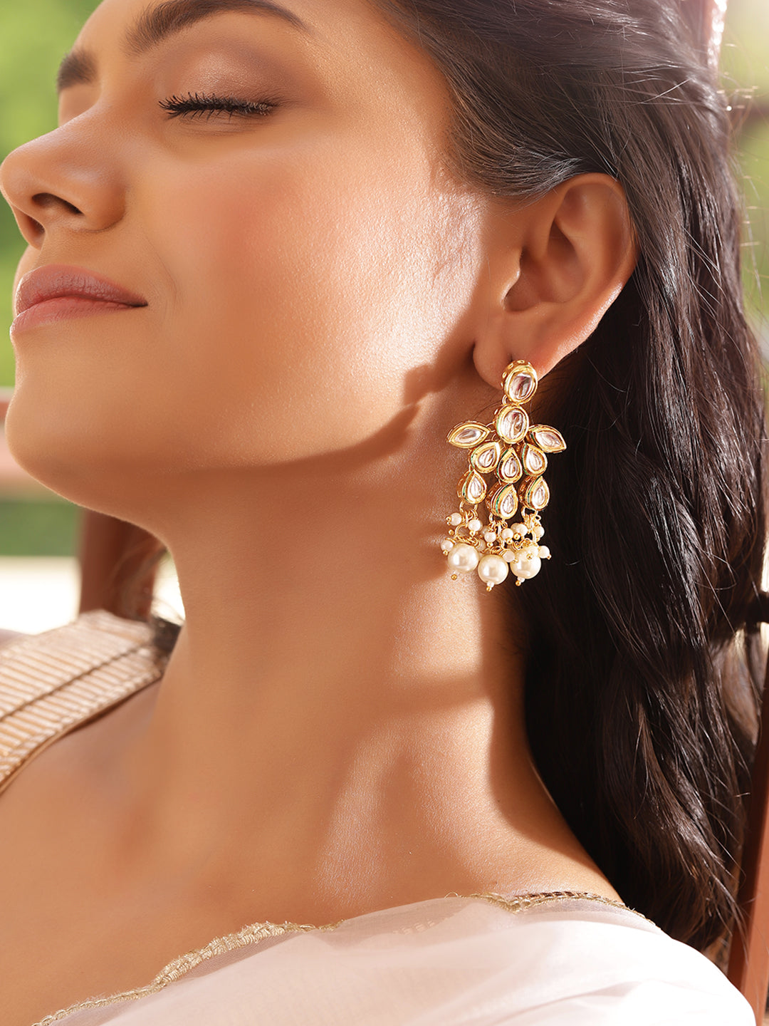 Ishin White Colour Gold plated Kundan Drop Earring