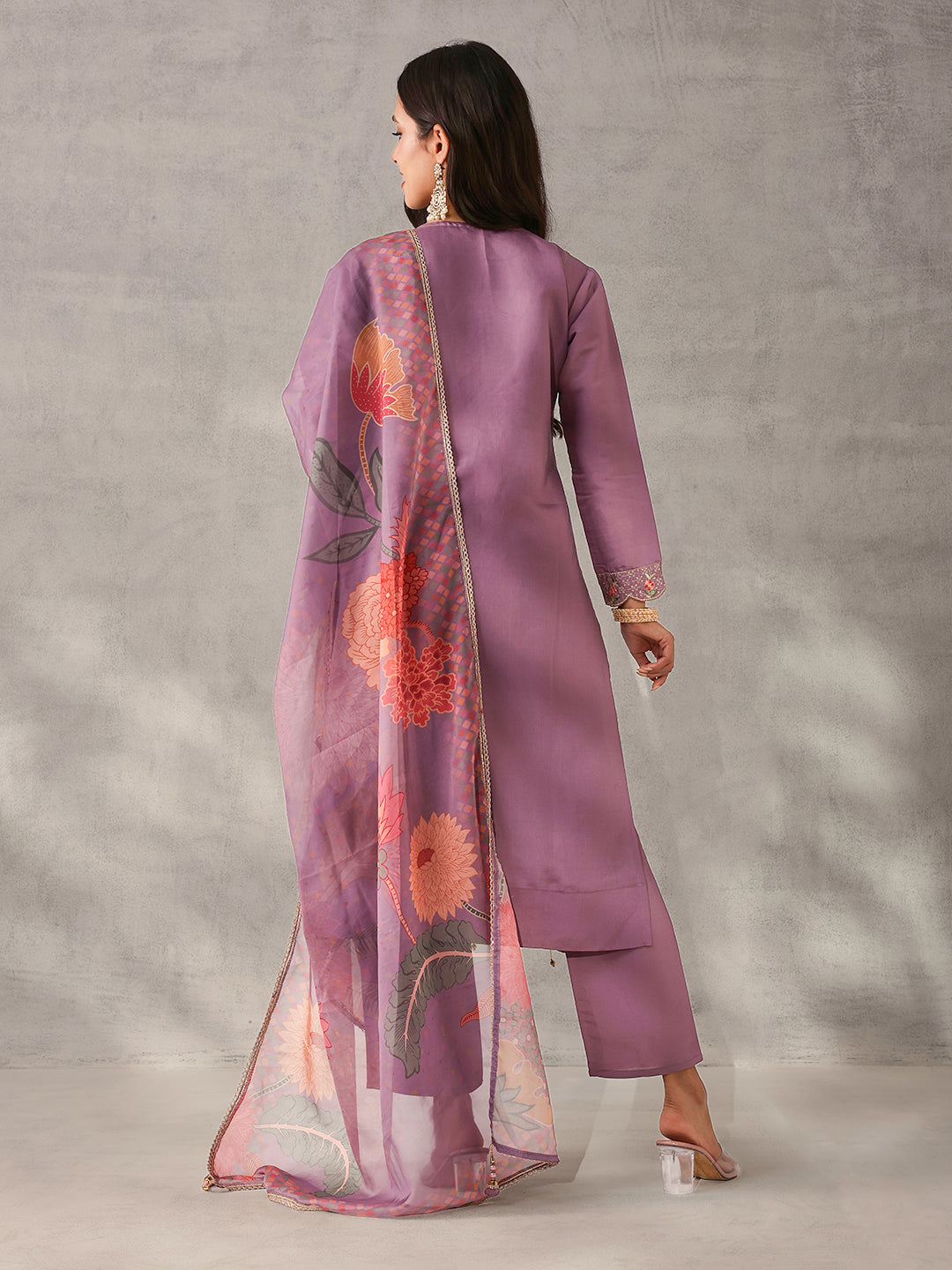 Soft Lilac Roman Silk Embroidered Straight Fit Kurta Set with Dupatta