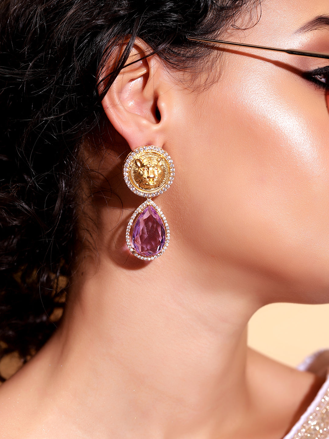 Ishin Purple  Colour Gold Plated AD Drop Earring