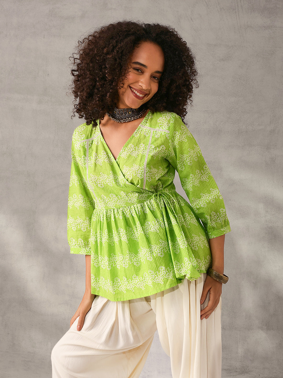 Comfy Green Cotton Printed Angrakha fit Top