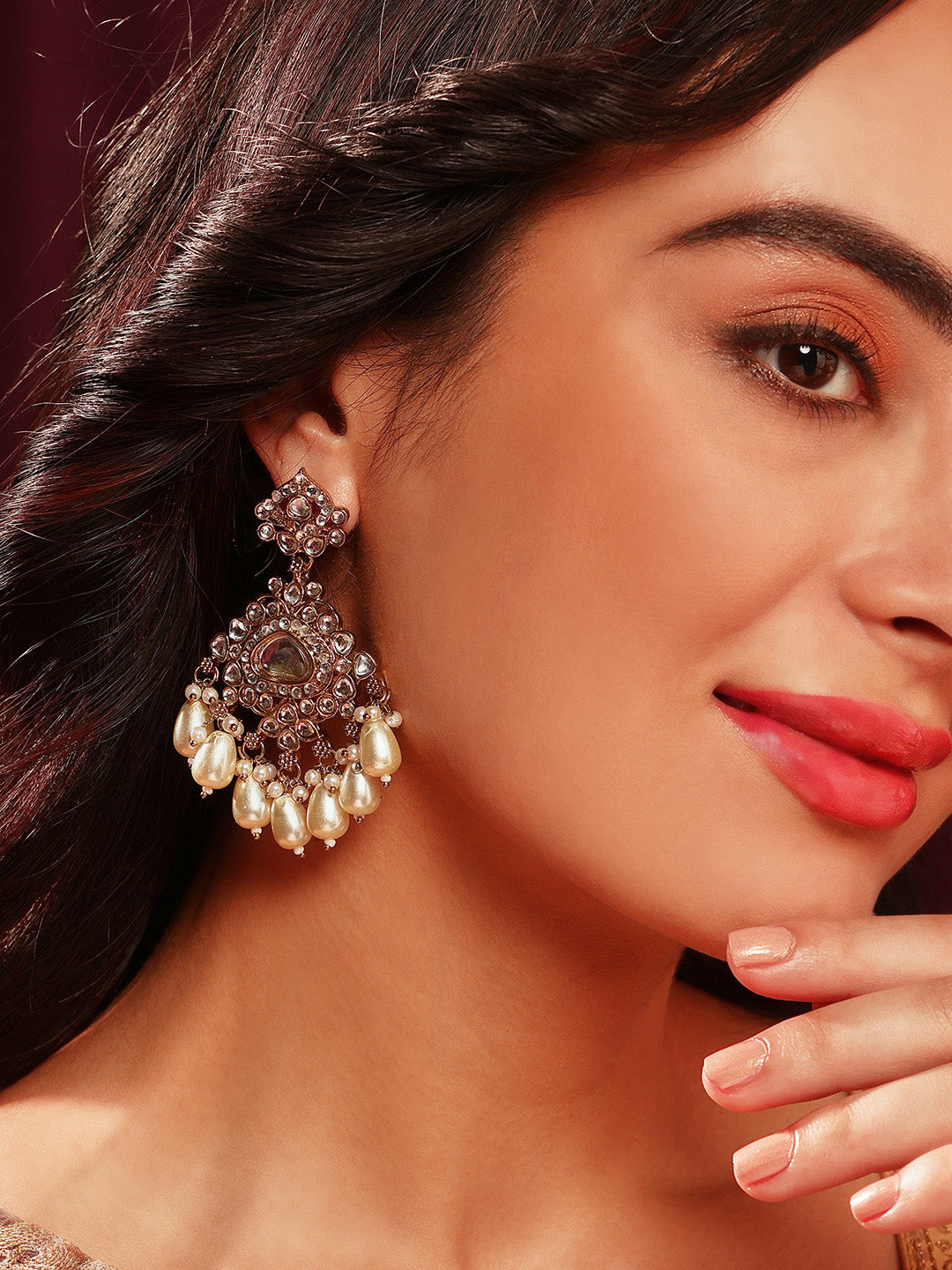 Ishin Gold Plated Kundan Ivory Pearls Floral Drop Earrrings