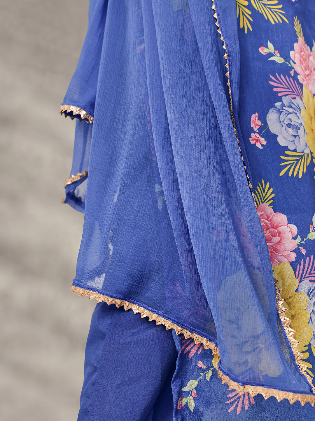 Soft Blue Chinon Floral Printed straight fit Kurta Set with Dupatta
