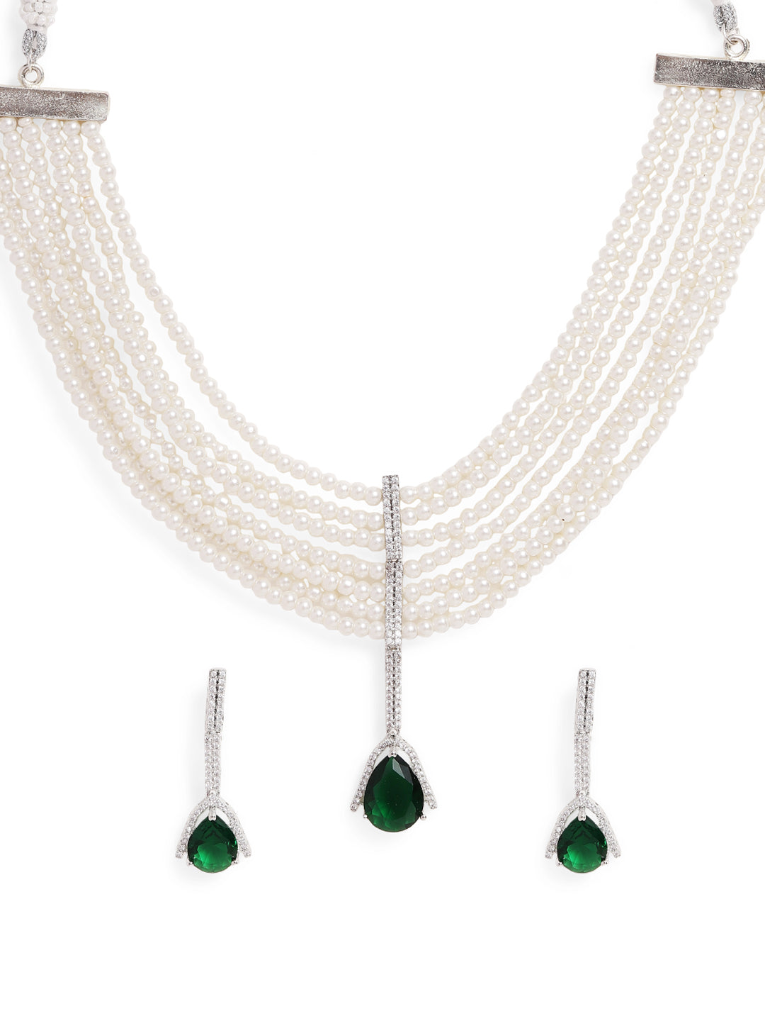 Ishin Green Colour Silver Plated American Diamond Jewellery Set