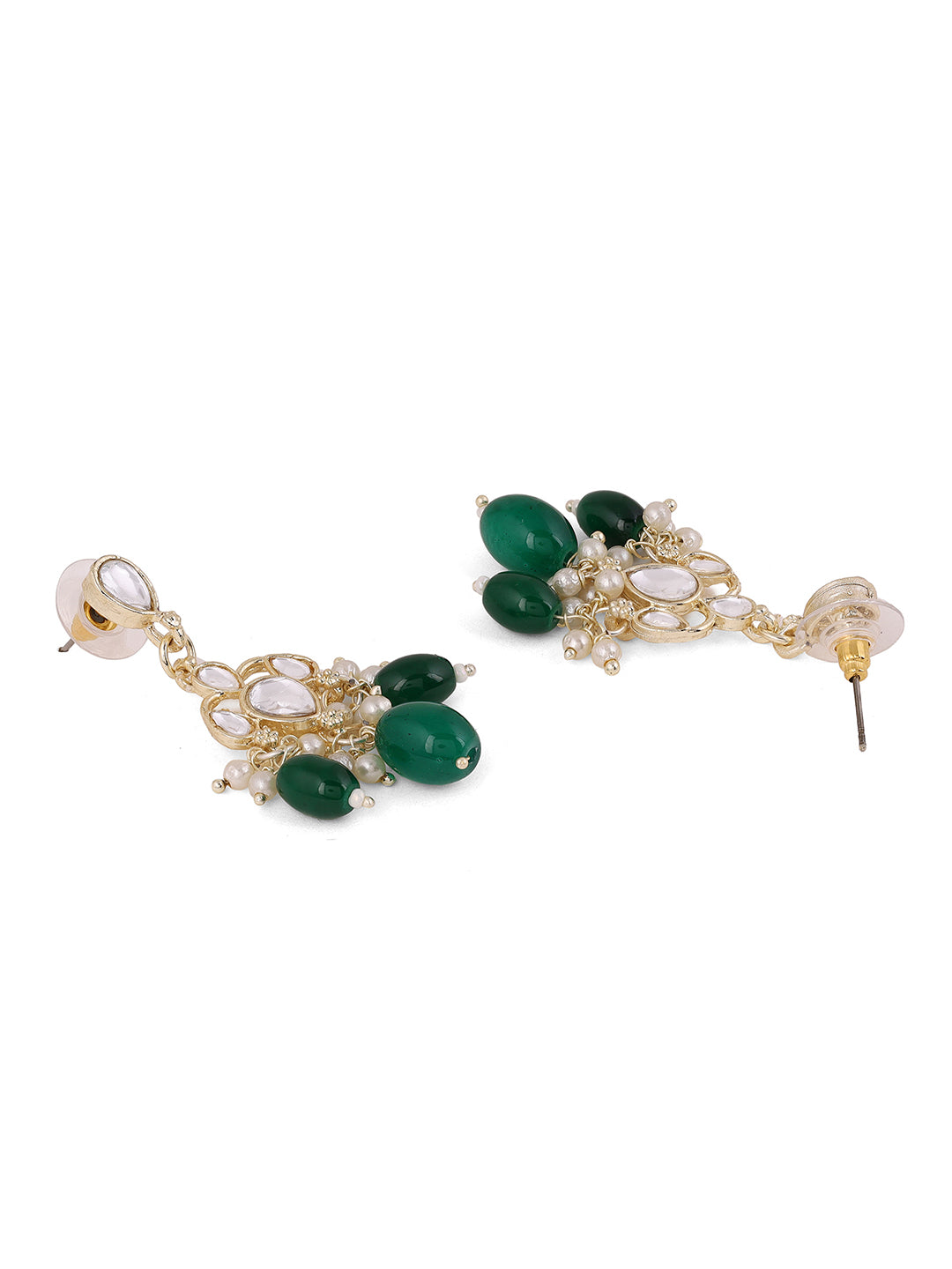 Ishin Plain Kundan Gold Plated Green Beads Pushback Drop Earrings