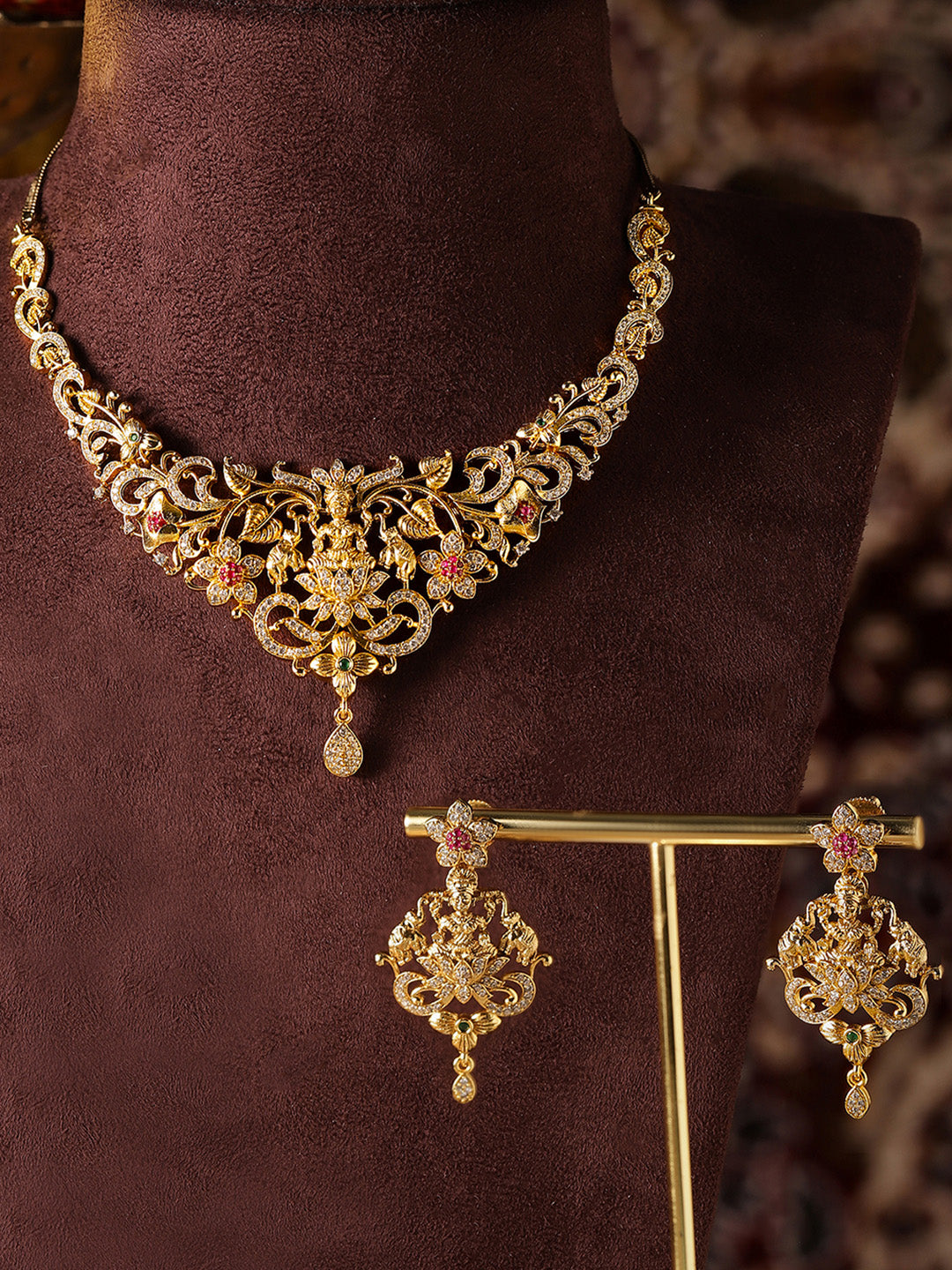 Ishin AD Elegance Gold Plated Floral Embrace Necklace and drop earrings Jewellery Set