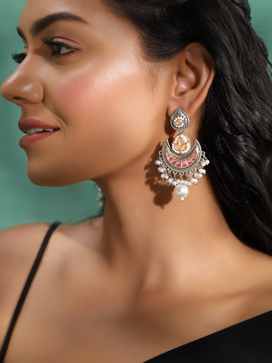 Ishin Pink Colour Silver Plated Pearl Chandbali Earring