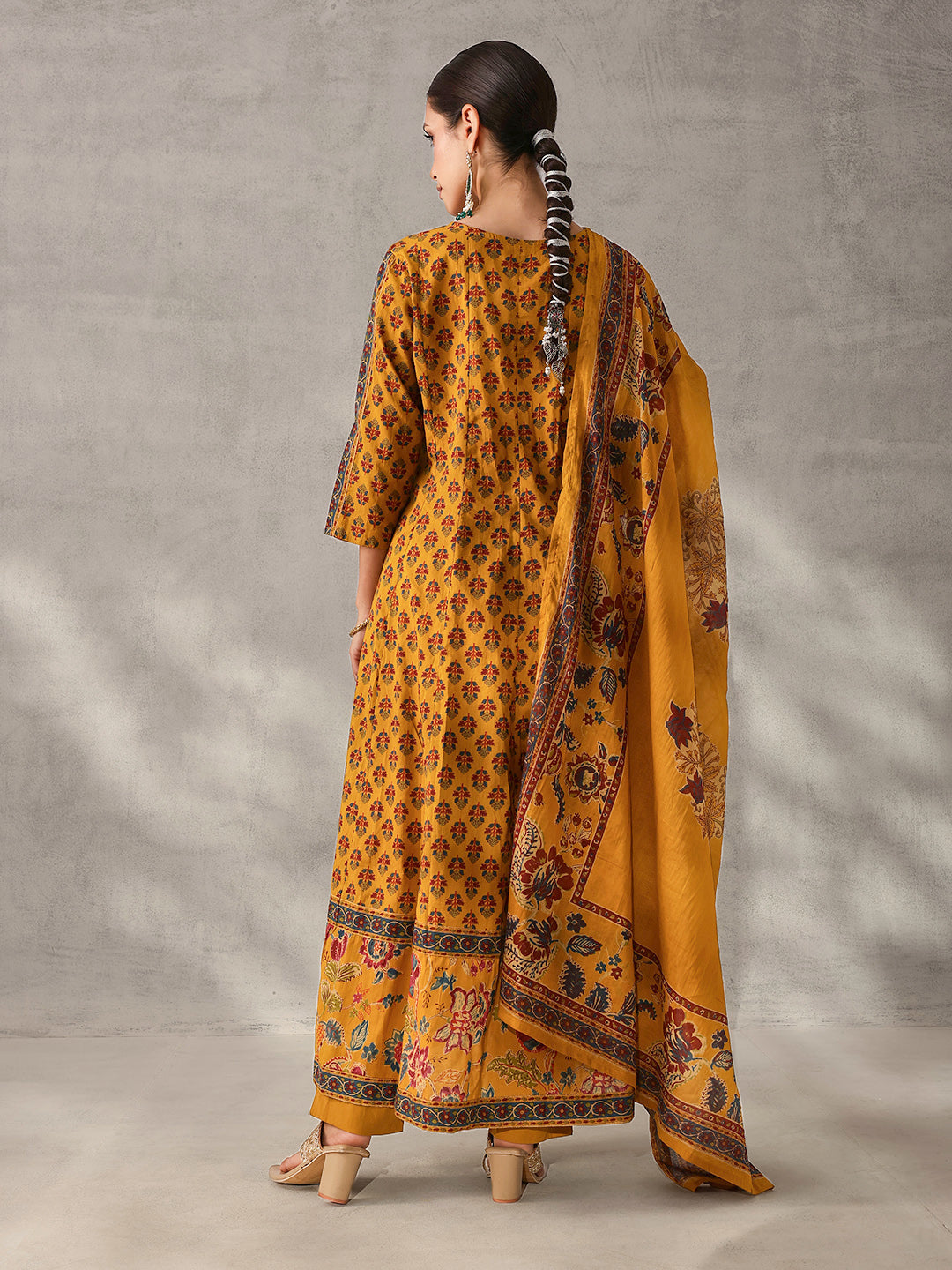 Graceful Mustard Cotton Floral Printed A-line fit Kurta Set with Dupatta