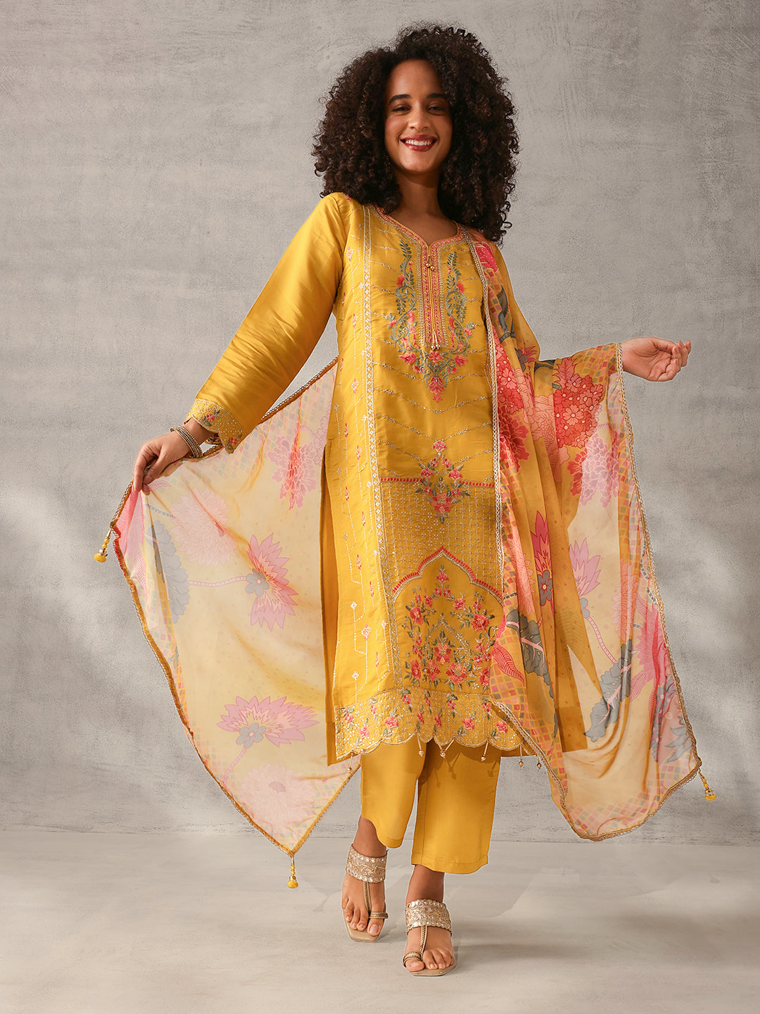 Soft Mustard Roman Silk Embroidered Straight Fit Kurta Set with Dupatta