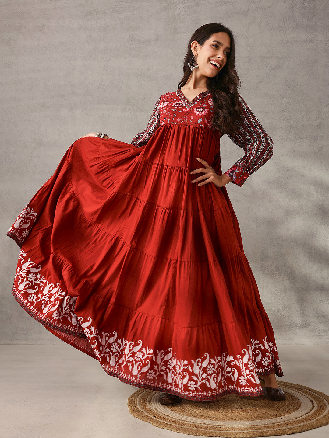Graceful mustard Cotton Floral Printed Tiered fit Gown 