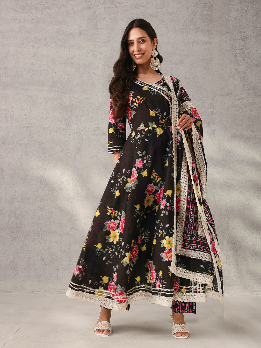 Graceful Black Cotton Floral Printed Angrakha fit Kurta Set with Dupatta