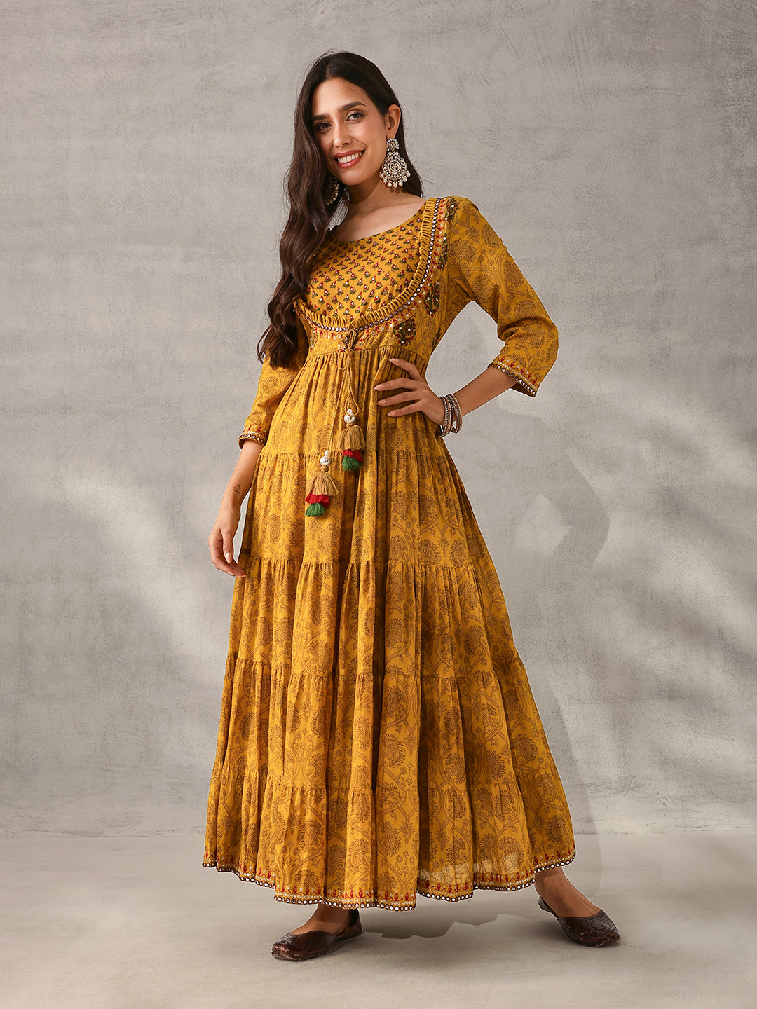 Graceful Mustard Cotton Printed with Embroidered Fit & Flare Gown 